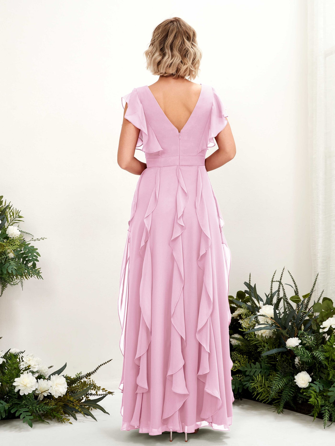 A-line Open back V-neck Short Sleeves Chiffon Bridesmaid Dress - Candy Pink (81226039)#color_candy-pink