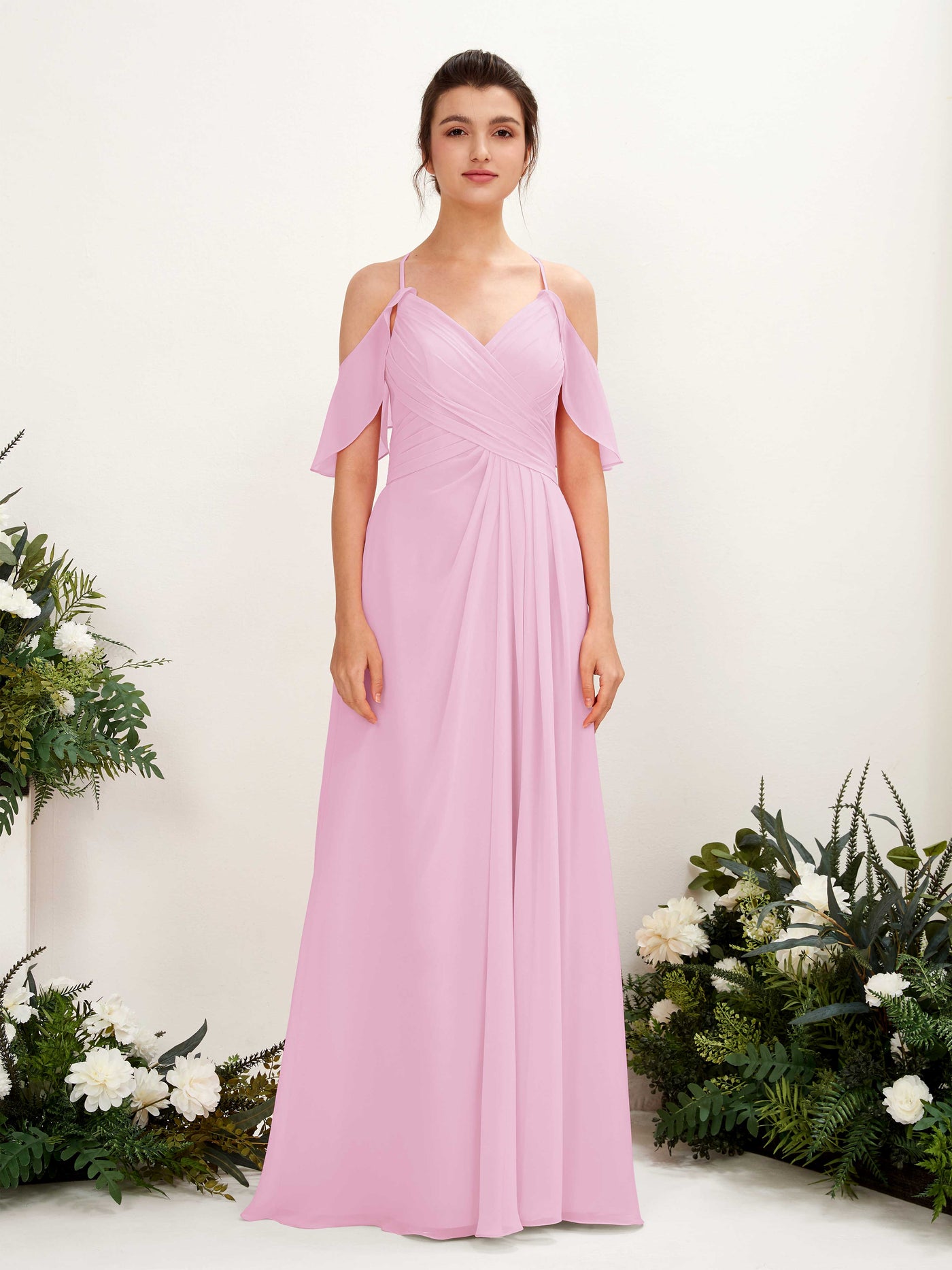 Ball Gown Off Shoulder Spaghetti-straps Chiffon Bridesmaid Dress - Candy Pink (81221739)#color_candy-pink