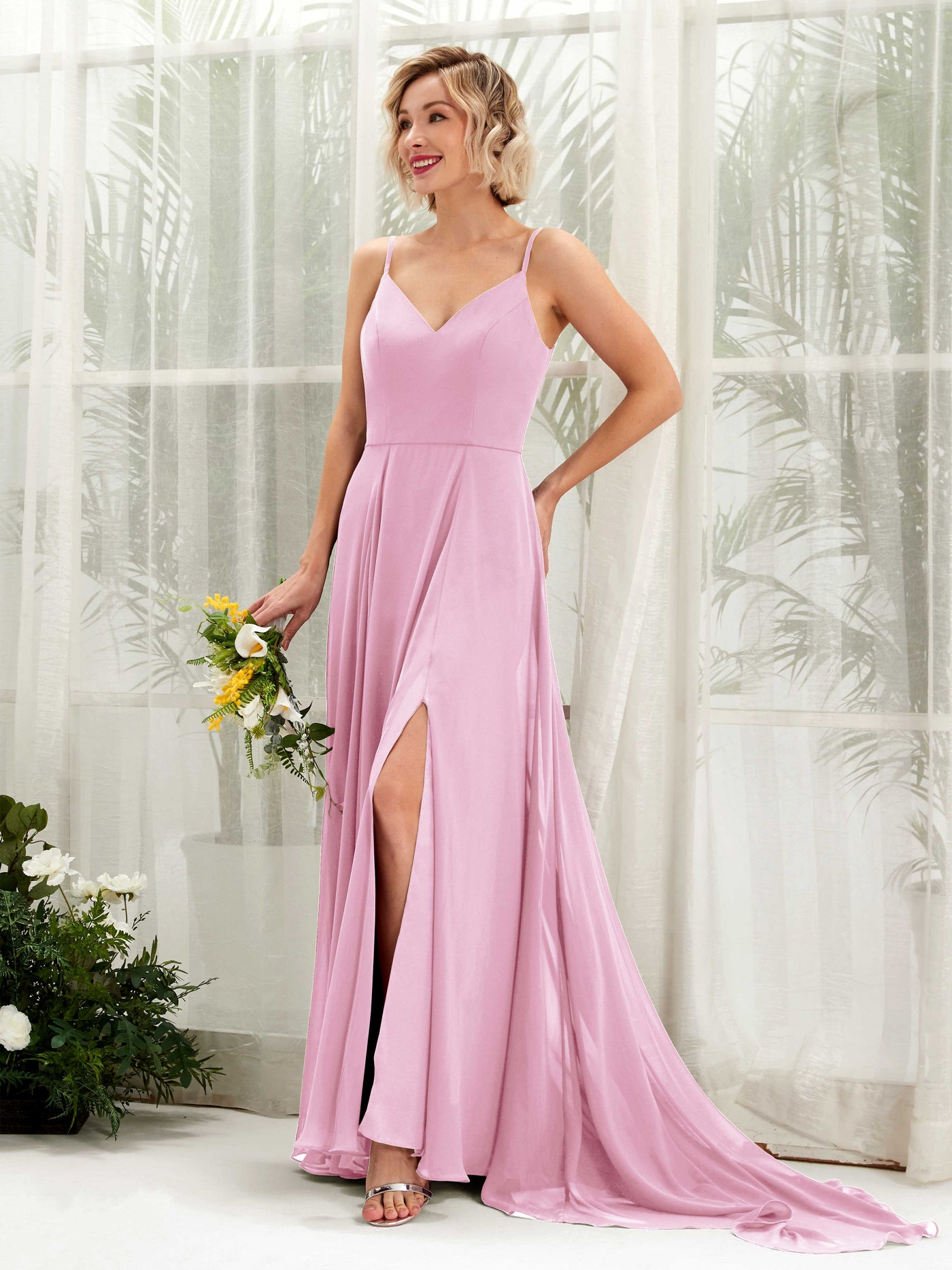 Candy Pink Bridesmaid Dresses Bridesmaid Dress A-line Chiffon V-neck Full Length Sleeveless Wedding Party Dress (81224139)#color_candy-pink