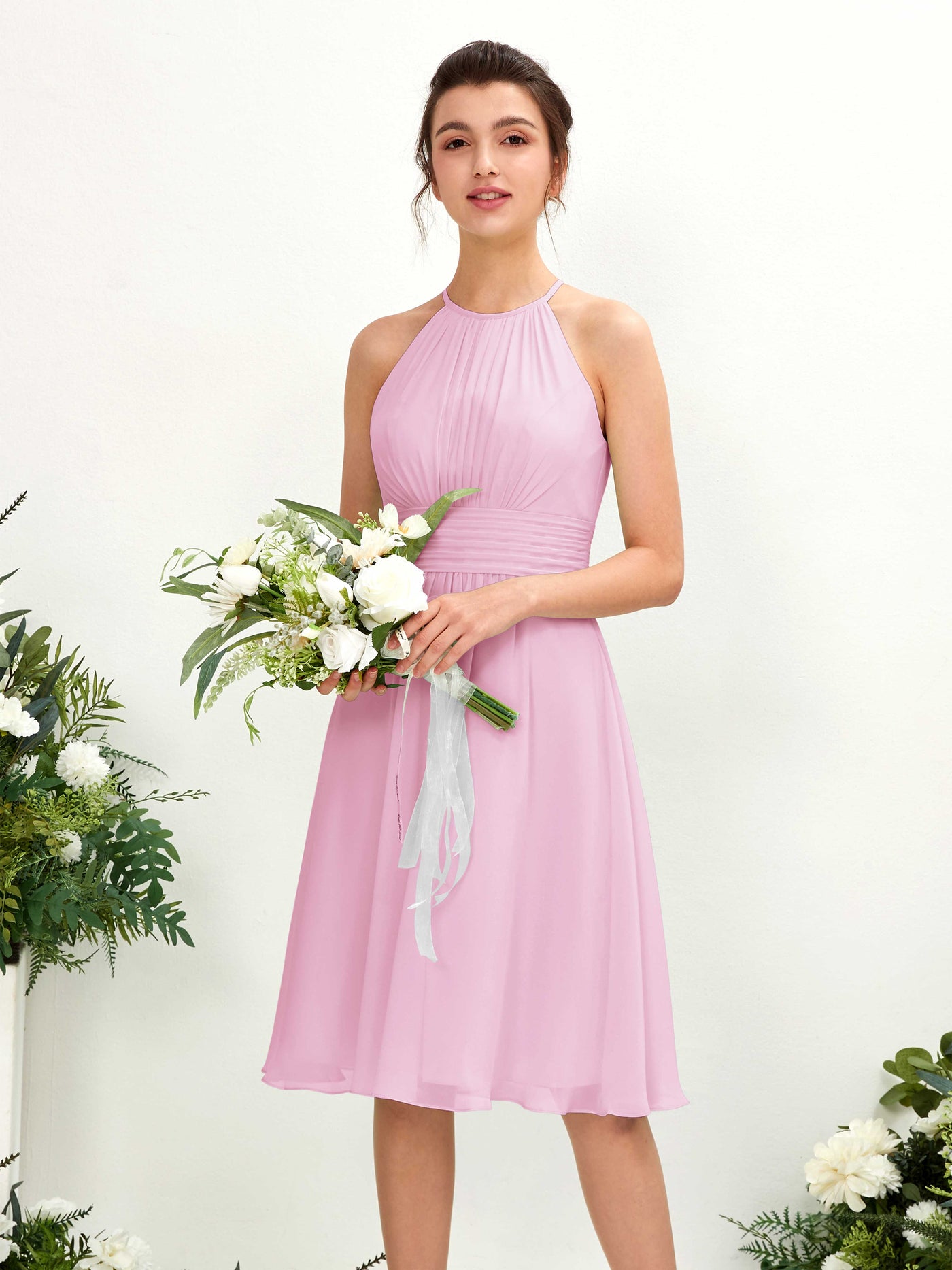 Candy Pink Bridesmaid Dresses Bridesmaid Dress A-line Chiffon Halter Knee Length Sleeveless Wedding Party Dress (81220139)#color_candy-pink
