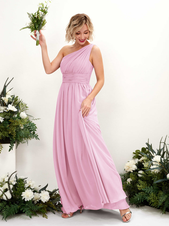 Candy Pink Bridesmaid Dresses Bridesmaid Dress Ball Gown Chiffon One Shoulder Full Length Sleeveless Wedding Party Dress (81225039)