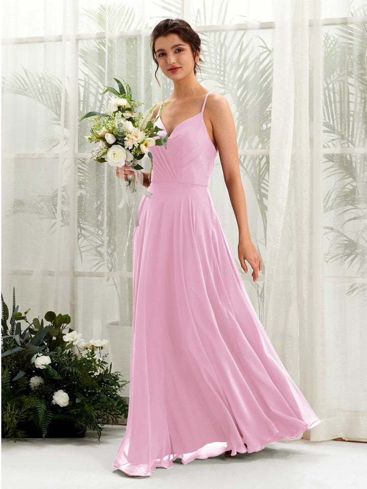 Candy Pink Bridesmaid Dresses Bridesmaid Dress Chiffon Spaghetti-straps Full Length Sleeveless Wedding Party Dress (81224239)
