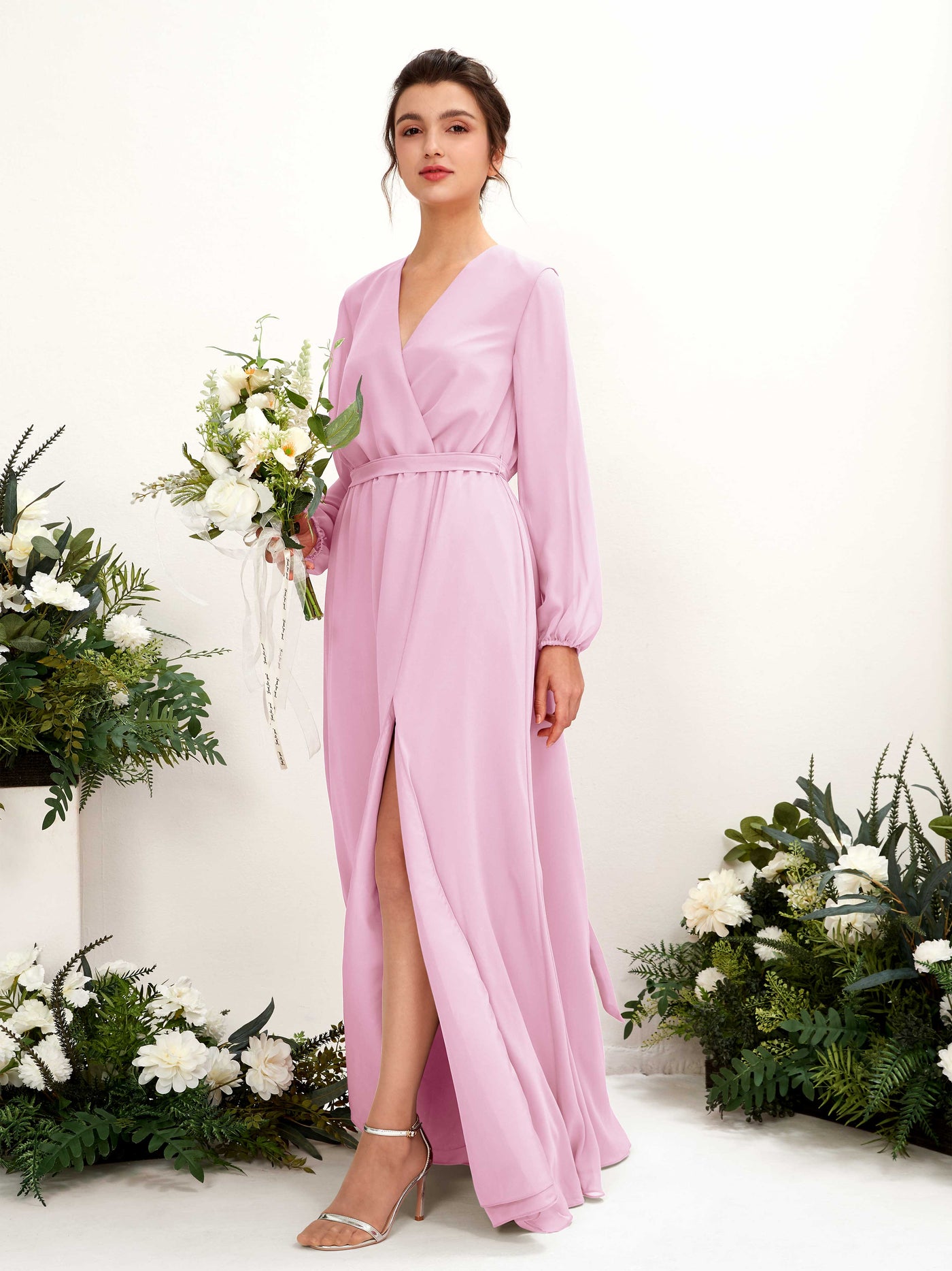 Candy Pink Bridesmaid Dresses Bridesmaid Dress A-line Chiffon V-neck Full Length Long Sleeves Wedding Party Dress (81223239)#color_candy-pink