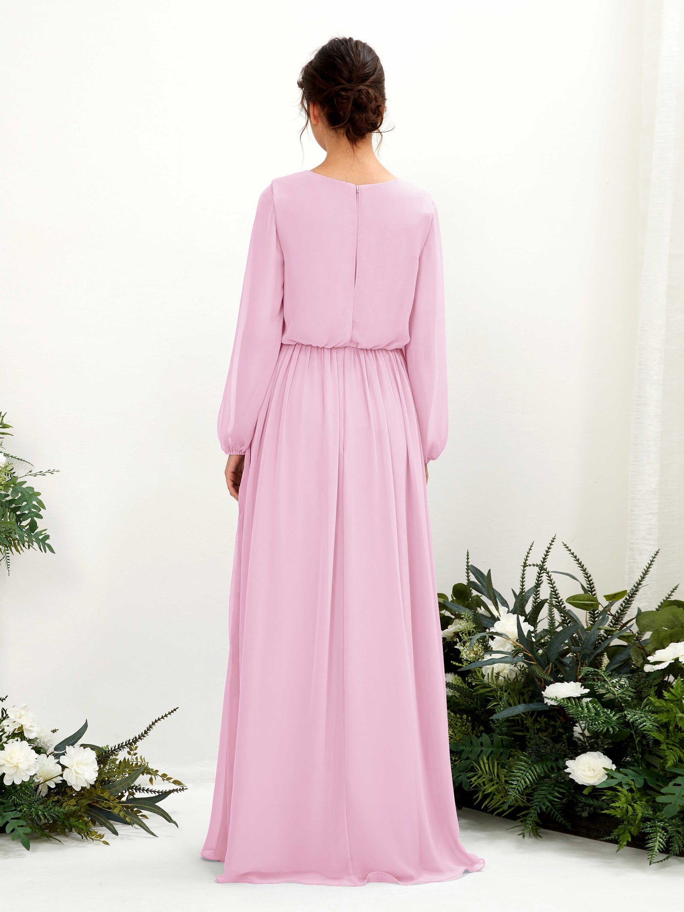 Candy Pink Bridesmaid Dresses Bridesmaid Dress A-line Chiffon V-neck Full Length Long Sleeves Wedding Party Dress (81223839)#color_candy-pink