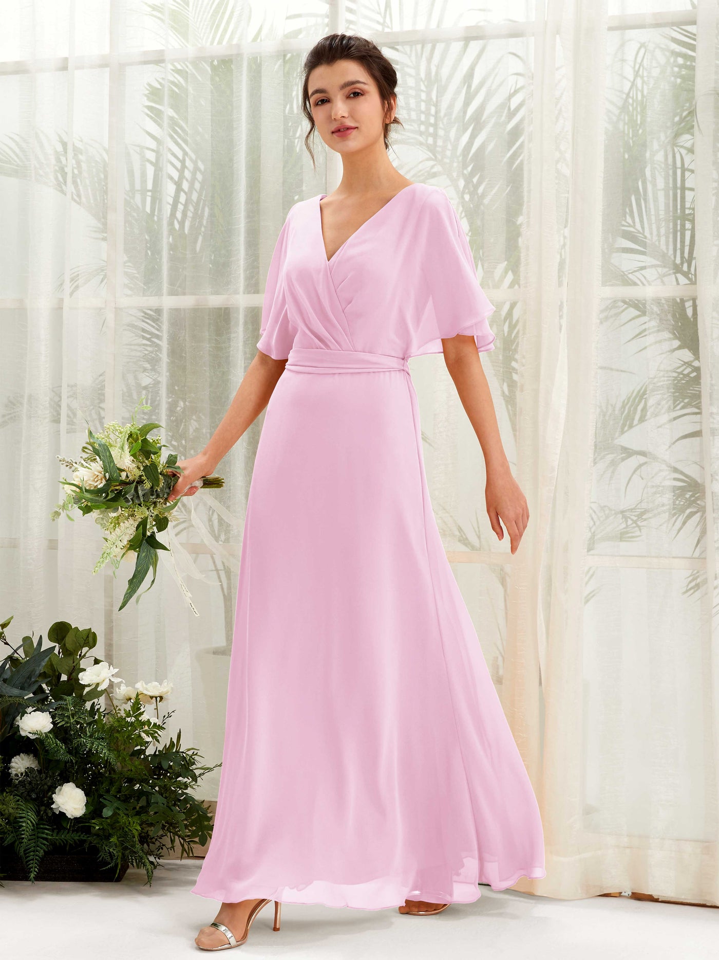Candy Pink Bridesmaid Dresses Bridesmaid Dress A-line Chiffon V-neck Full Length Short Sleeves Wedding Party Dress (81222439)#color_candy-pink