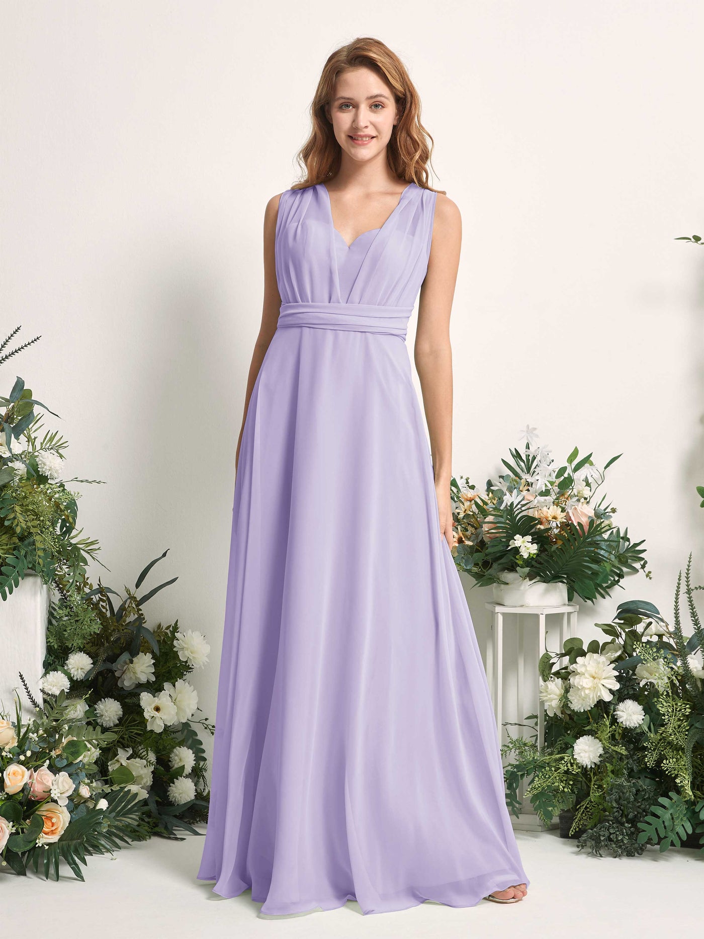 Lilac Bridesmaid Dresses Bridesmaid Dress A-line Chiffon Halter Full Length Short Sleeves Wedding Party Dress (81226314)#color_lilac