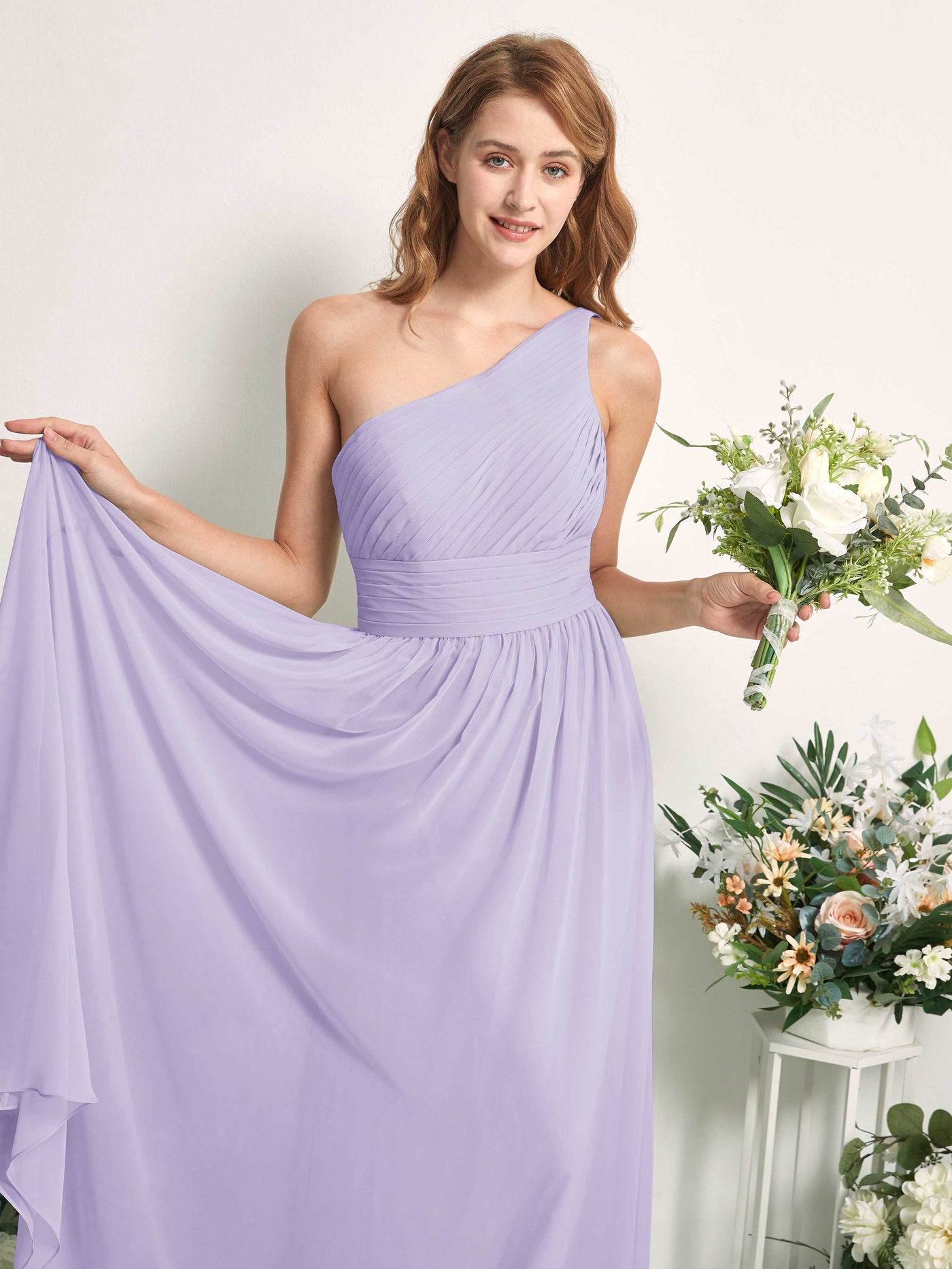 Bridesmaid Dress A-line Chiffon One Shoulder Full Length Sleeveless Wedding Party Dress - Lilac (81226714)#color_lilac