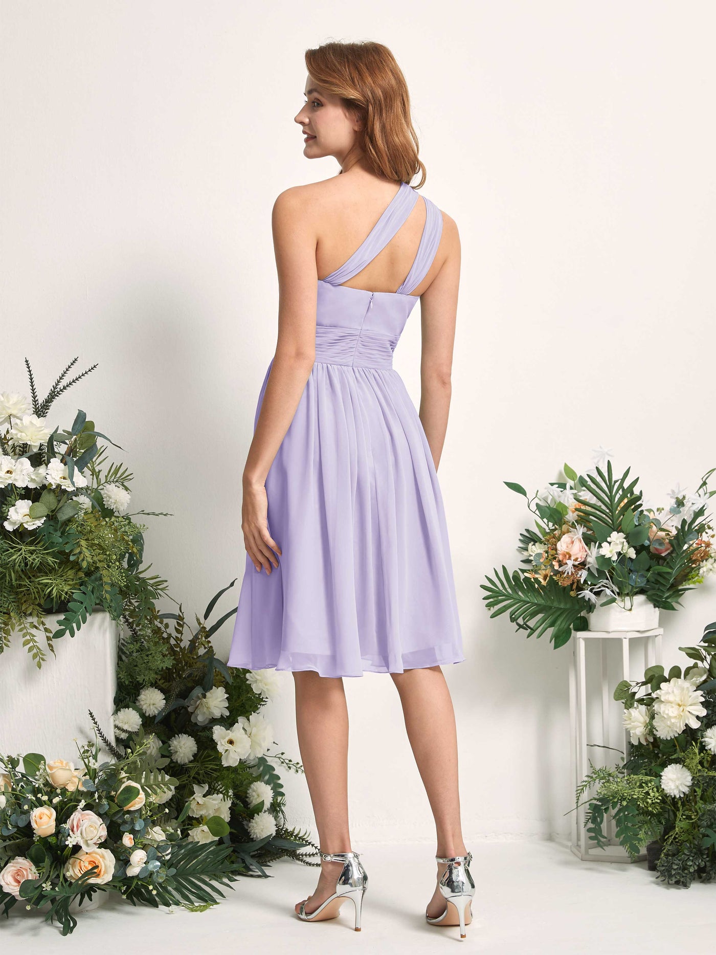 Bridesmaid Dress A-line Chiffon One Shoulder Knee Length Sleeveless Wedding Party Dress - Lilac (81221214)#color_lilac