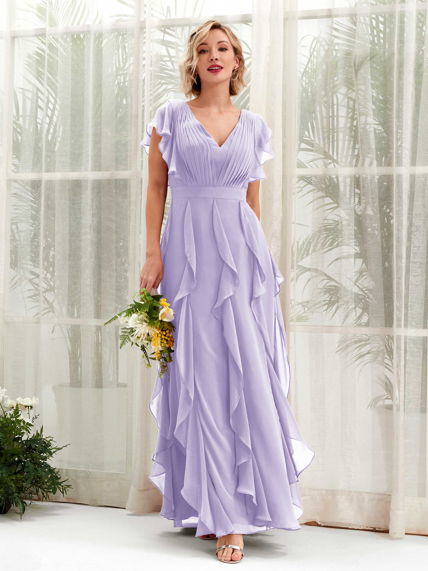 A-line Open back V-neck Short Sleeves Chiffon Bridesmaid Dress - Lilac (81226014)#color_lilac