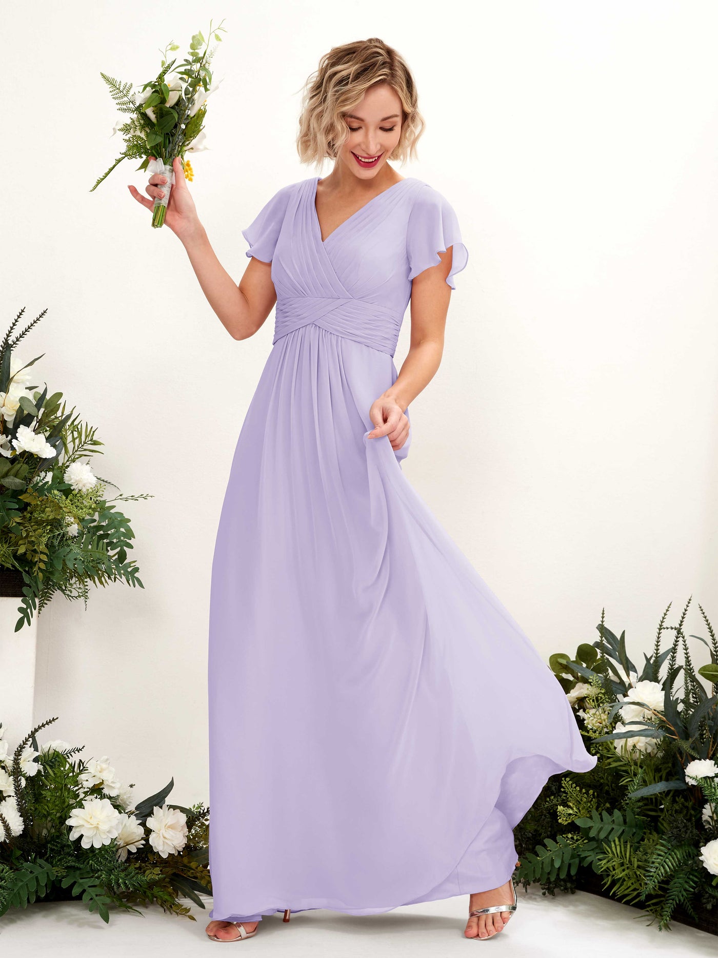Lilac Bridesmaid Dresses Bridesmaid Dress A-line Chiffon V-neck Full Length Short Sleeves Wedding Party Dress (81224314)#color_lilac