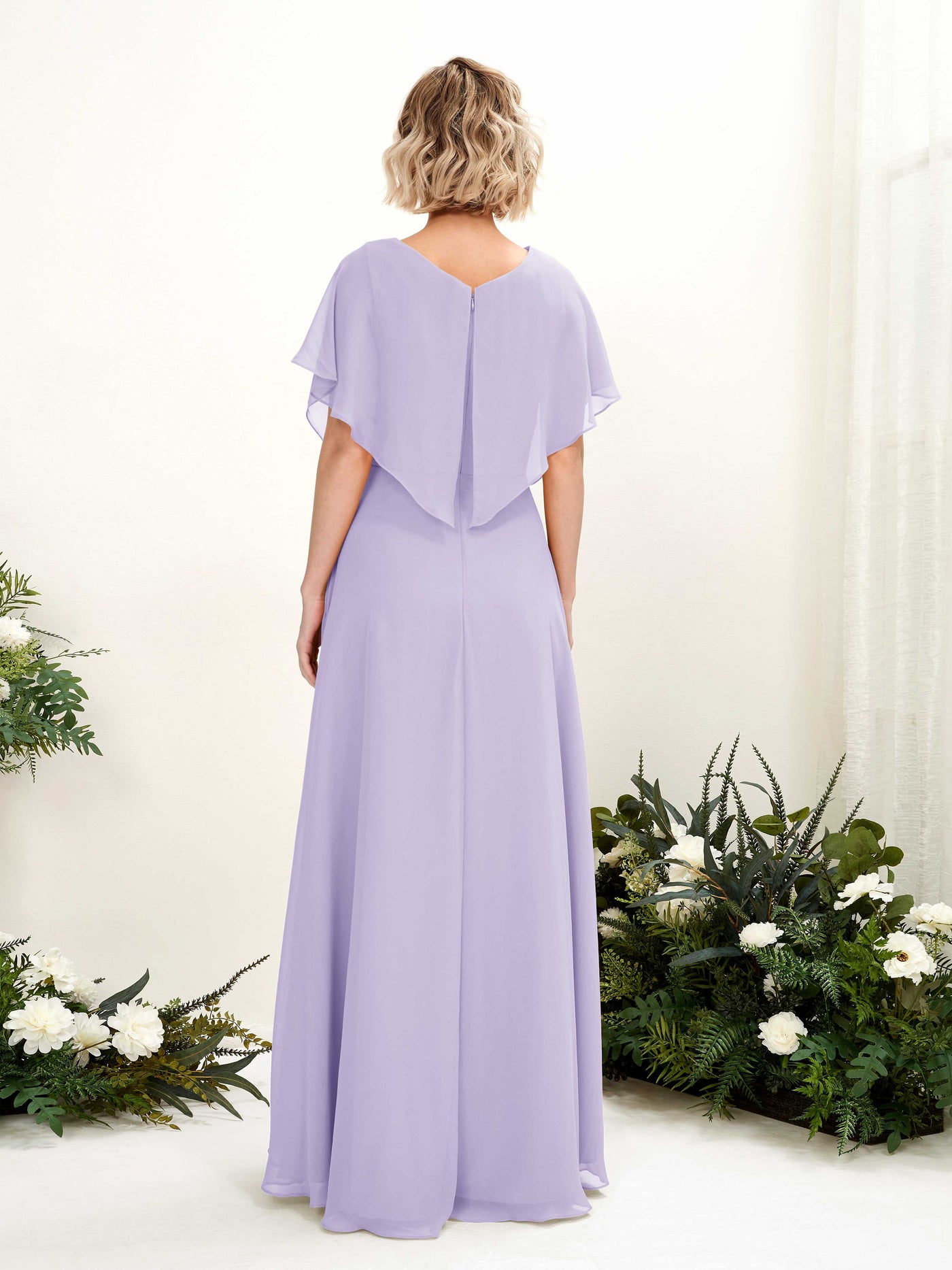 Lilac Bridesmaid Dresses Bridesmaid Dress A-line Chiffon V-neck Full Length Short Sleeves Wedding Party Dress (81222114)#color_lilac