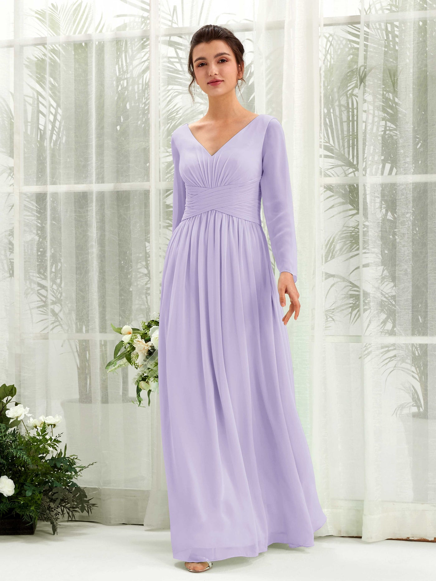 Lilac Bridesmaid Dresses Bridesmaid Dress A-line Chiffon V-neck Full Length Long Sleeves Wedding Party Dress (81220314)#color_lilac