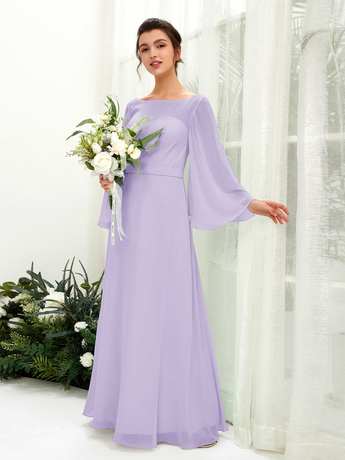 Lilac Bridesmaid Dresses Bridesmaid Dress A-line Chiffon Bateau Full Length Long Sleeves Wedding Party Dress (81220514)#color_lilac