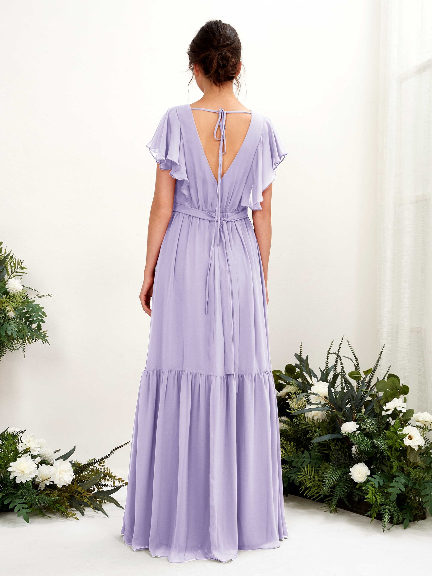 Lilac Bridesmaid Dresses Bridesmaid Dress A-line Chiffon V-neck Full Length Short Sleeves Wedding Party Dress (81225914)#color_lilac