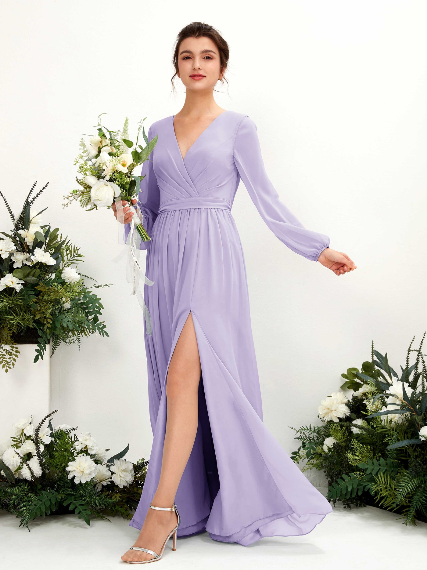 Lilac Bridesmaid Dresses Bridesmaid Dress A-line Chiffon V-neck Full Length Long Sleeves Wedding Party Dress (81223814)#color_lilac