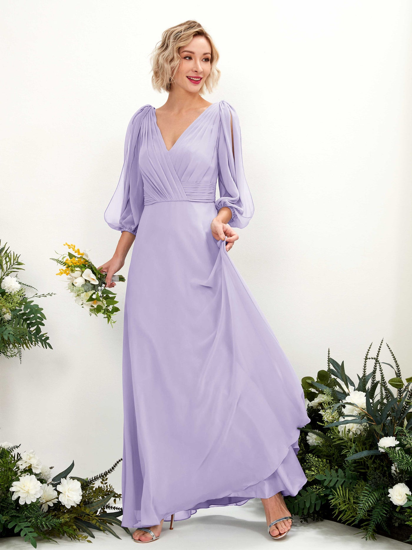 Lilac Bridesmaid Dresses Bridesmaid Dress Chiffon V-neck Full Length Long Sleeves Wedding Party Dress (81223514)#color_lilac