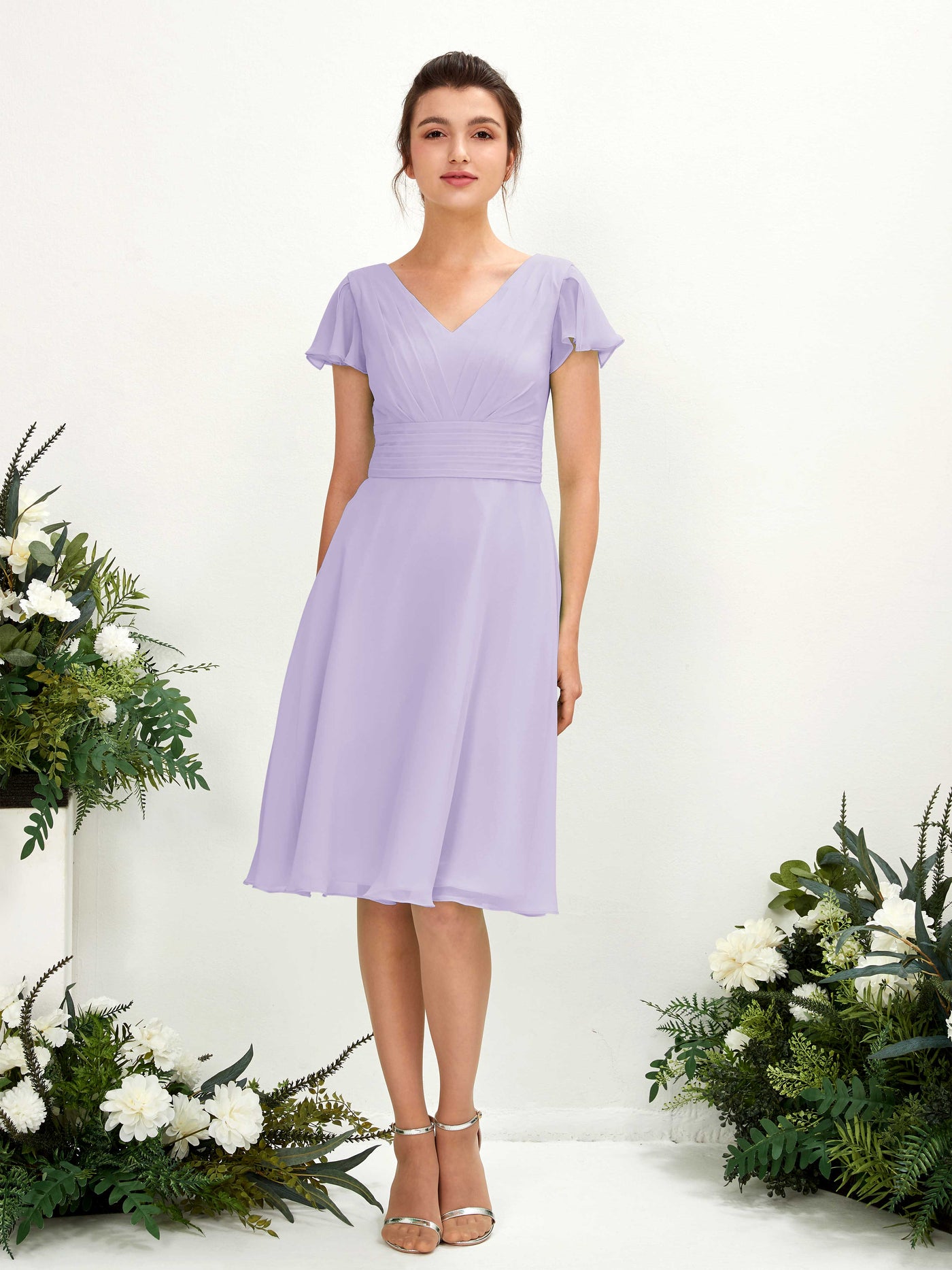 Lilac Bridesmaid Dresses Bridesmaid Dress Chiffon V-neck Knee Length Short Sleeves Wedding Party Dress (81220214)#color_lilac