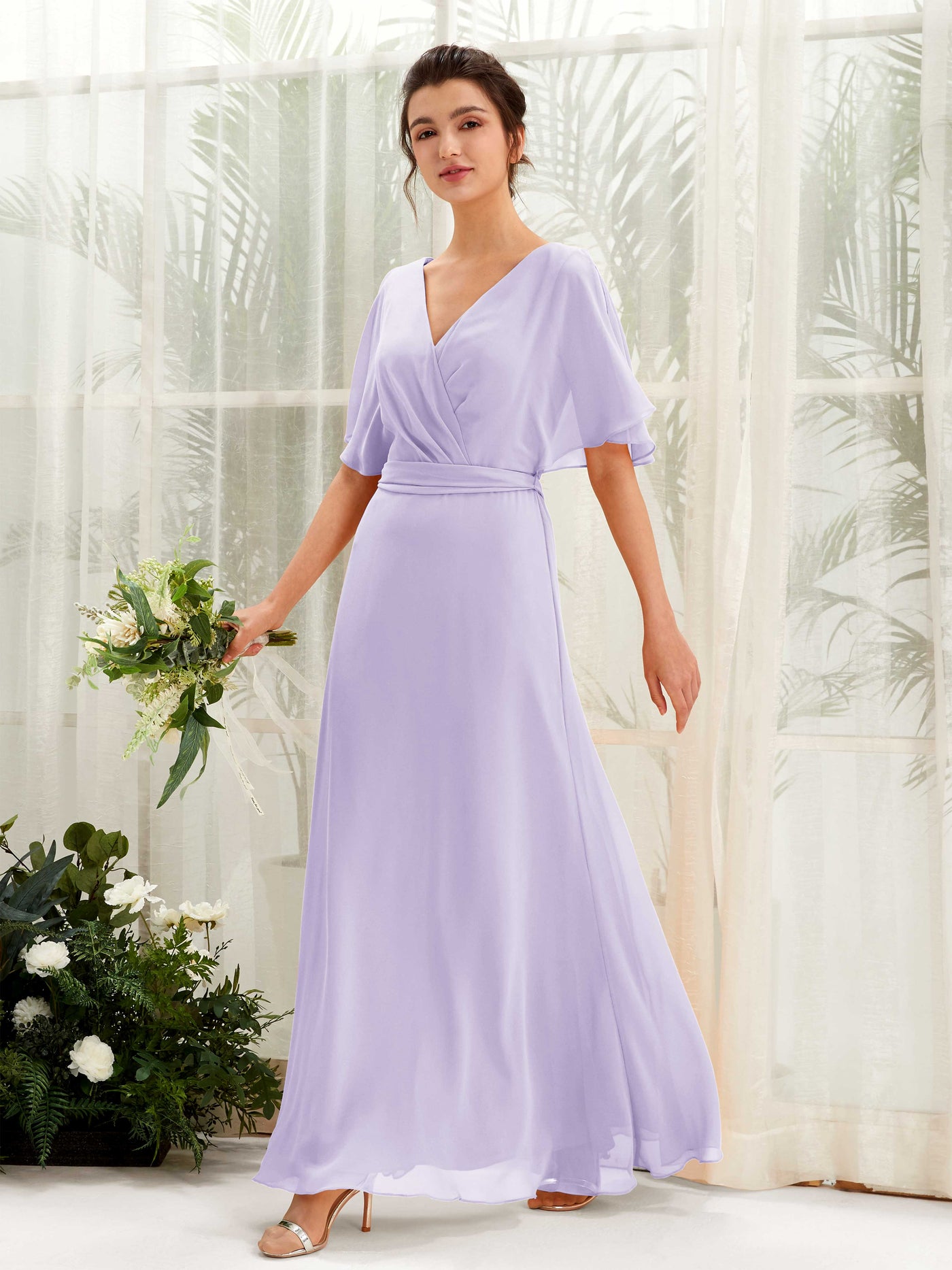 Lilac Bridesmaid Dresses Bridesmaid Dress A-line Chiffon V-neck Full Length Short Sleeves Wedding Party Dress (81222414)#color_lilac