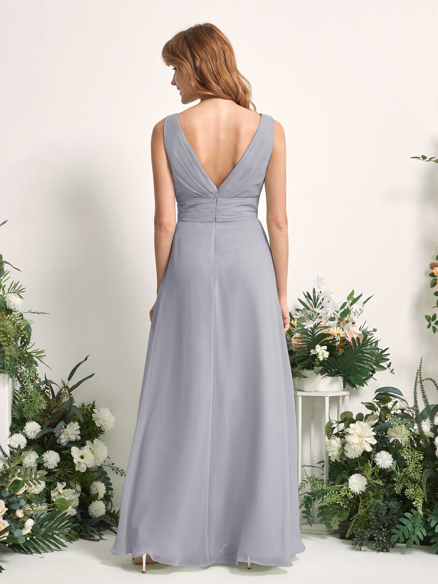 Bridesmaid Dress A-line Chiffon V-neck Full Length Sleeveless Wedding Party Dress - Dusty Lavender (81227103)#color_dusty-lavender