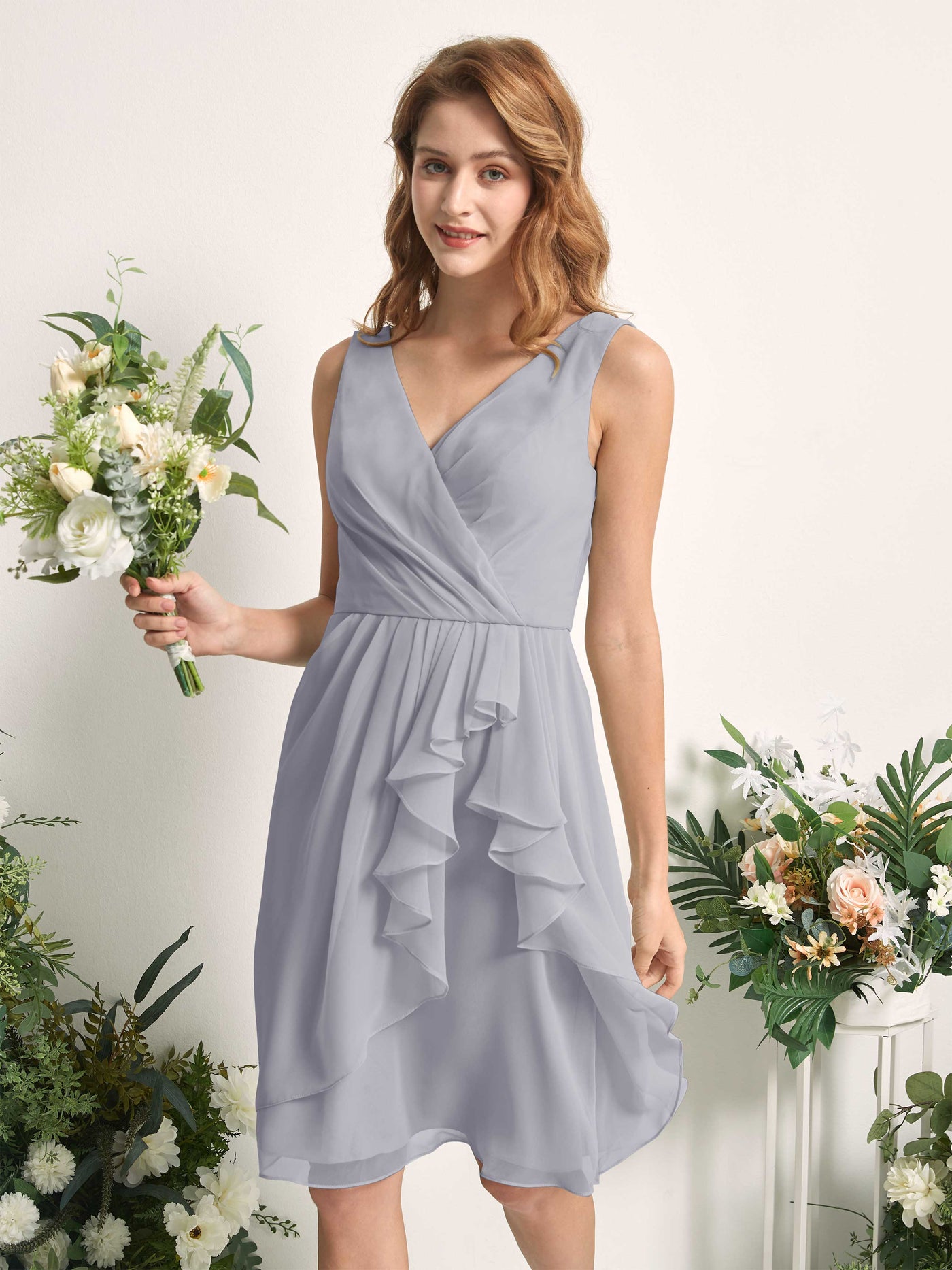 Bridesmaid Dress A-line Chiffon Straps Knee Length Sleeveless Wedding Party Dress - Dusty Lavender (81226603)#color_dusty-lavender