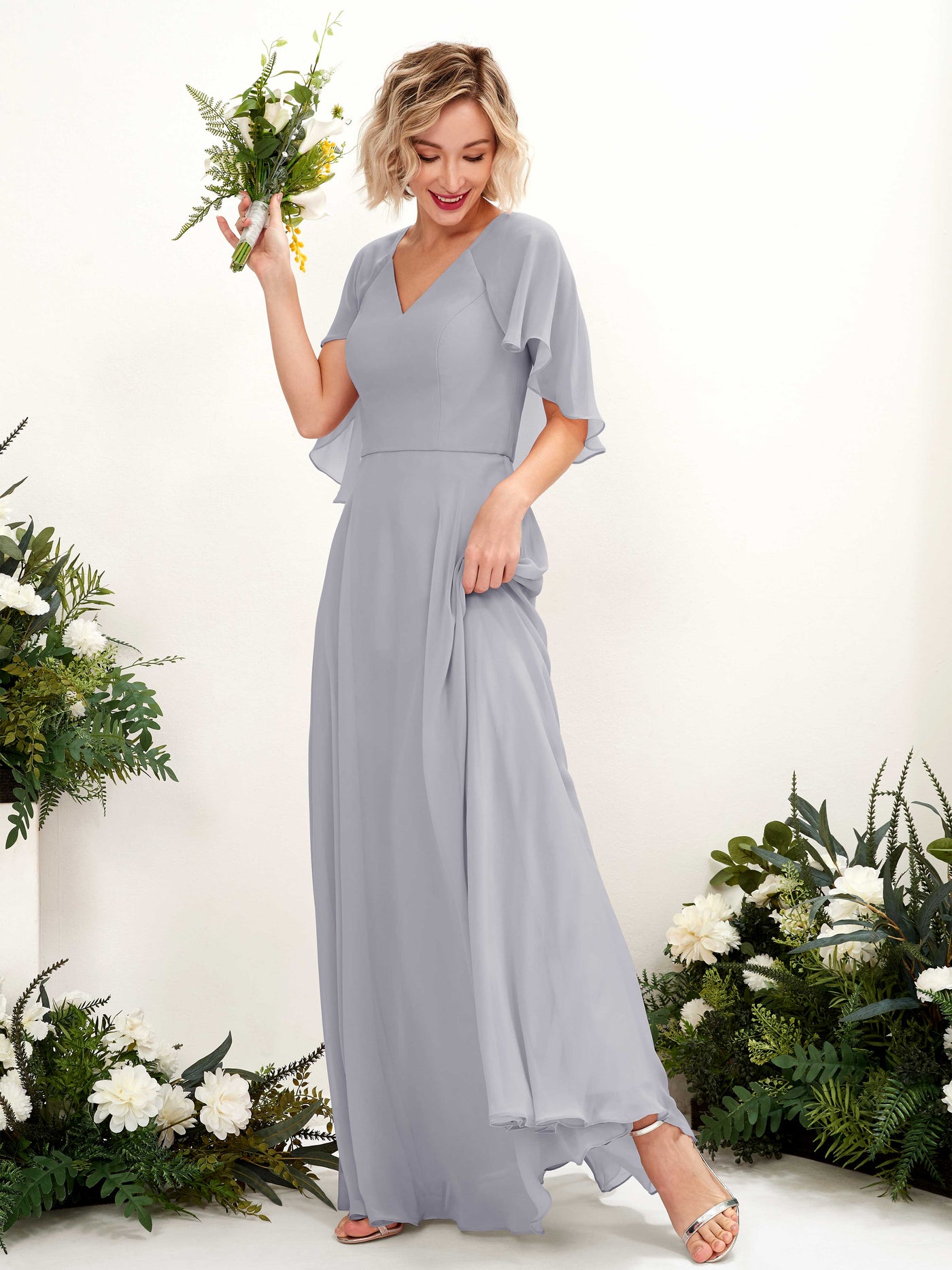 Dusty Lavender Bridesmaid Dresses Bridesmaid Dress A-line Chiffon V-neck Full Length Short Sleeves Wedding Party Dress (81224403)#color_dusty-lavender