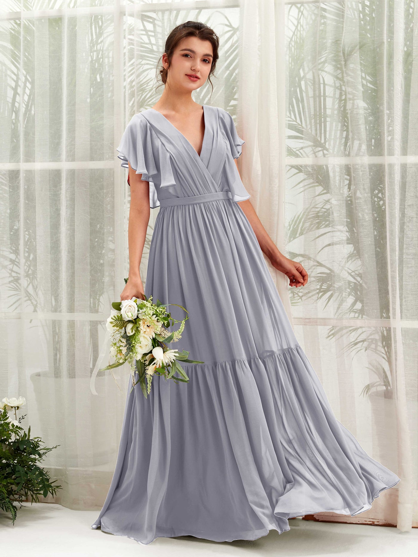 Dusty Lavender Bridesmaid Dresses Bridesmaid Dress A-line Chiffon V-neck Full Length Short Sleeves Wedding Party Dress (81225903)#color_dusty-lavender