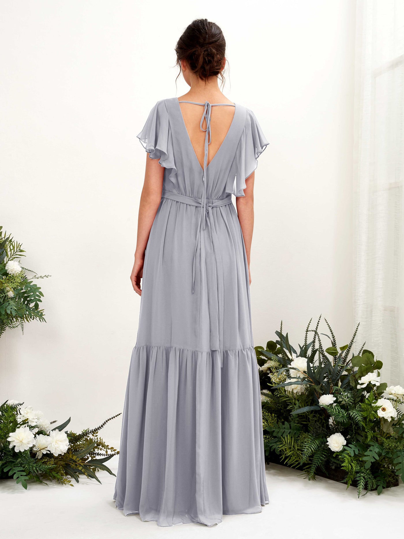 Dusty Lavender Bridesmaid Dresses Bridesmaid Dress A-line Chiffon V-neck Full Length Short Sleeves Wedding Party Dress (81225903)#color_dusty-lavender