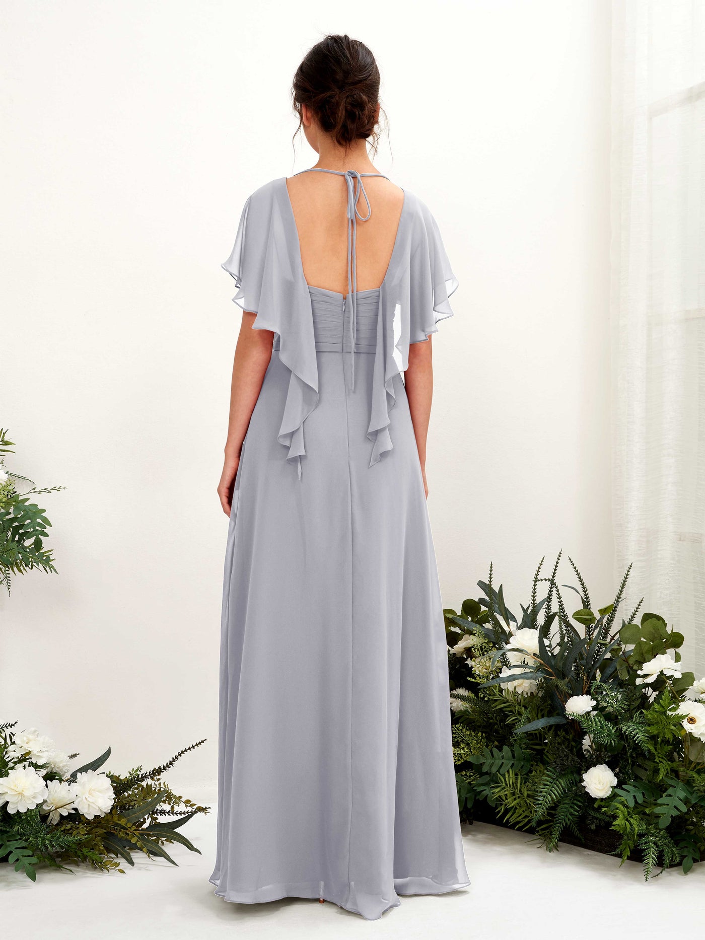 Open back V-neck Short Sleeves Chiffon Bridesmaid Dress - Dusty Lavender (81226103)#color_dusty-lavender