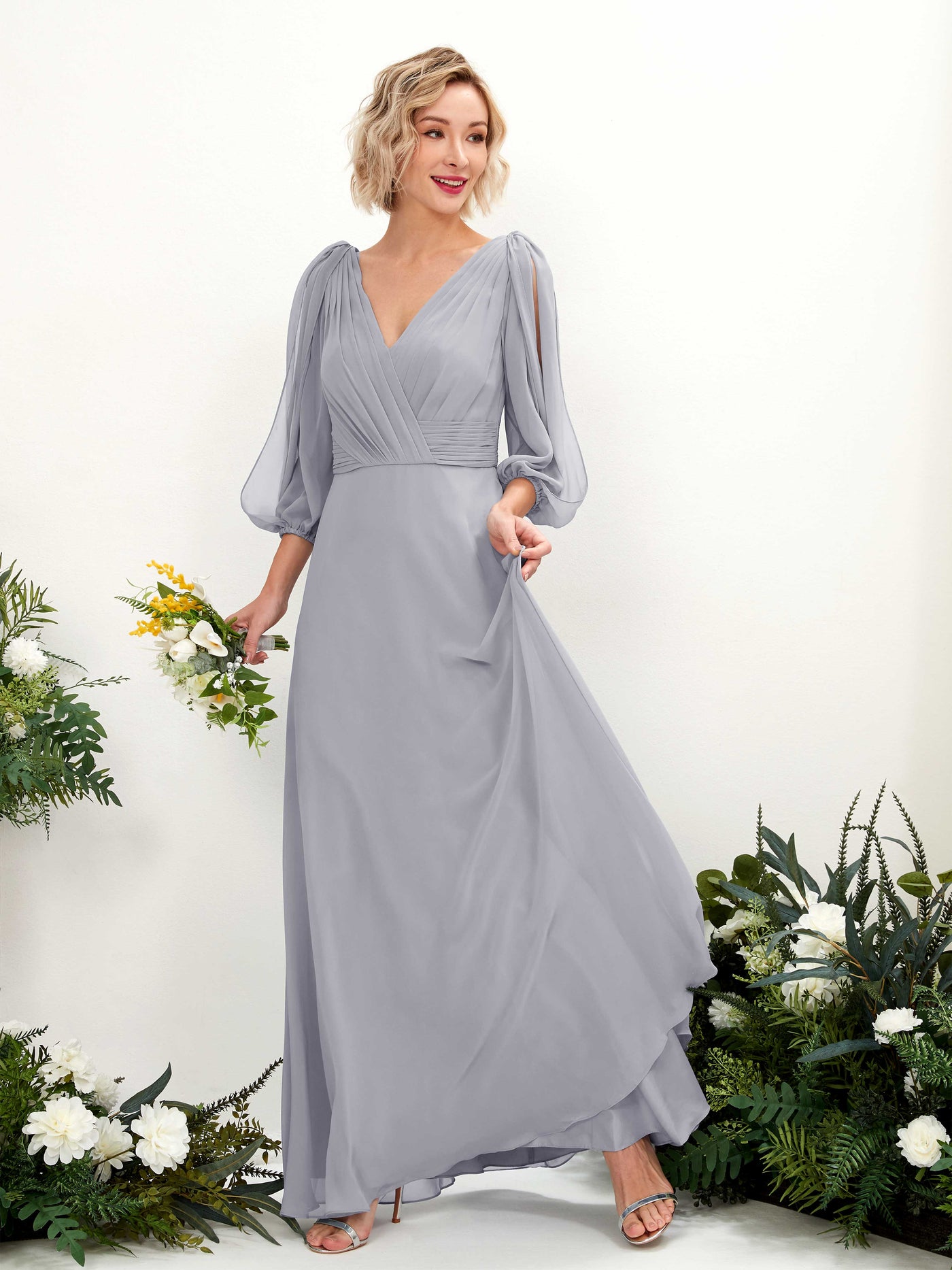 Dusty Lavender Bridesmaid Dresses Bridesmaid Dress Chiffon V-neck Full Length Long Sleeves Wedding Party Dress (81223503)#color_dusty-lavender