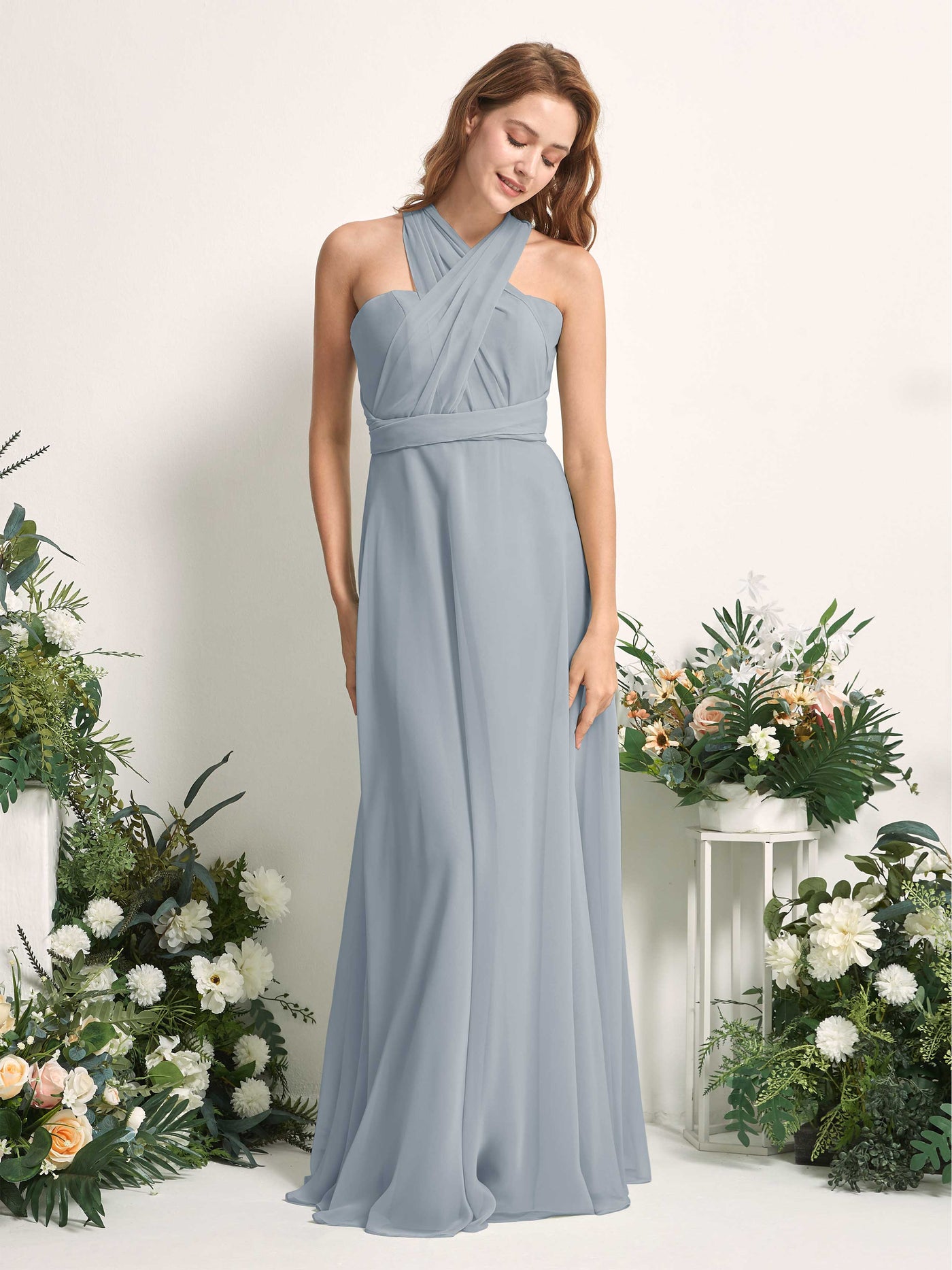 Dusty Blue-Upgrade Bridesmaid Dresses Bridesmaid Dress A-line Chiffon Halter Full Length Short Sleeves Wedding Party Dress (81226304)#color_dusty-blue-upgrade