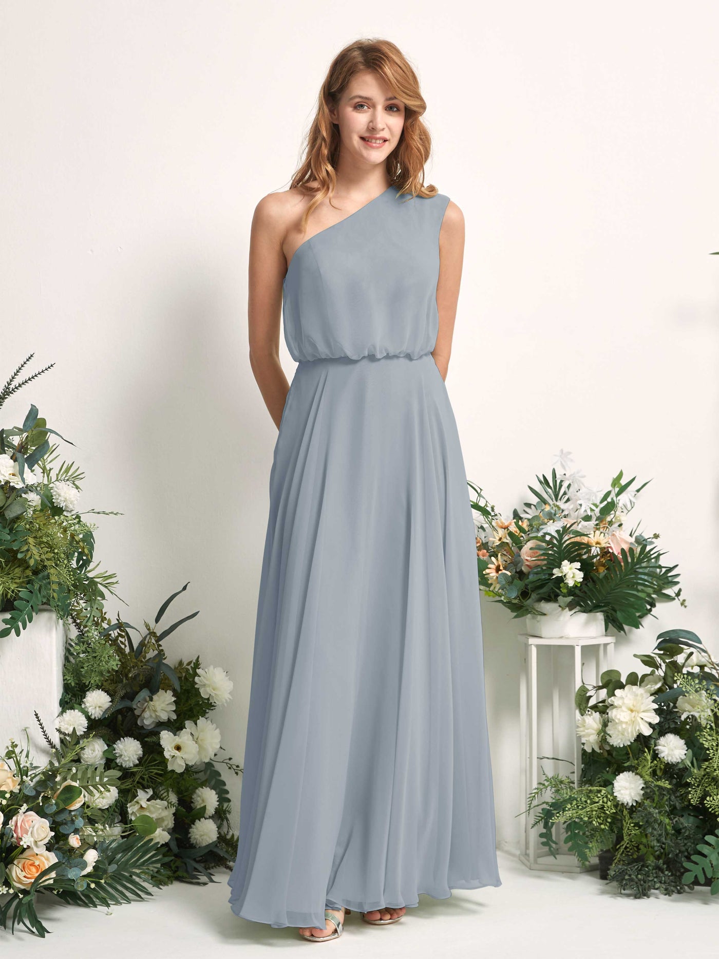 Bridesmaid Dress A-line Chiffon One Shoulder Full Length Sleeveless Wedding Party Dress - Dusty Blue-Upgrade (81226804)#color_dusty-blue-upgrade