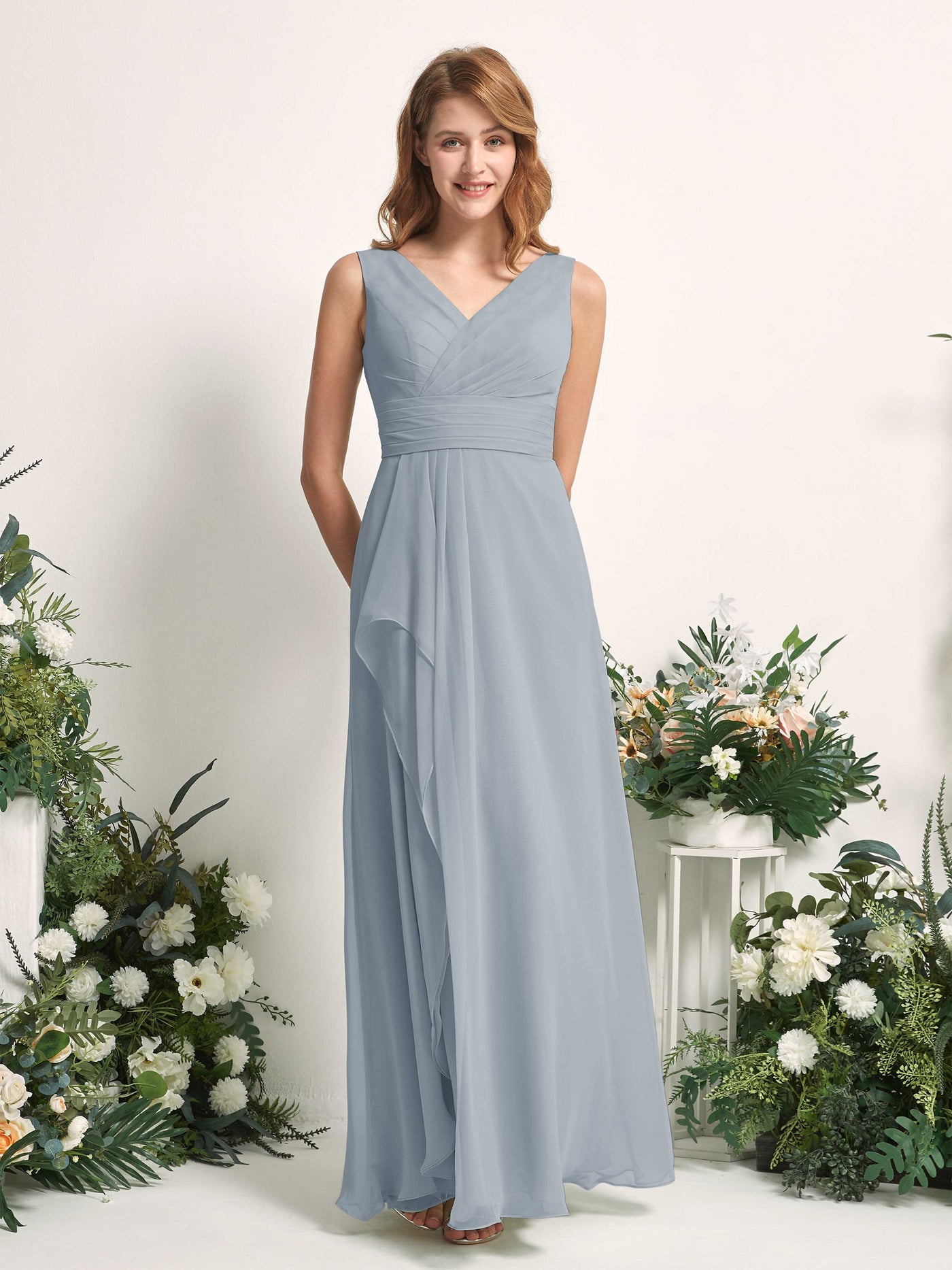 Bridesmaid Dress A-line Chiffon V-neck Full Length Sleeveless Wedding Party Dress - Dusty Blue-Upgrade (81227104)#color_dusty-blue-upgrade