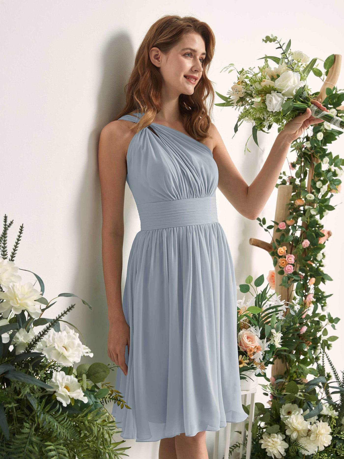 Bridesmaid Dress A-line Chiffon One Shoulder Knee Length Sleeveless Wedding Party Dress - Dusty Blue-Upgrade (81221204)#color_dusty-blue-upgrade