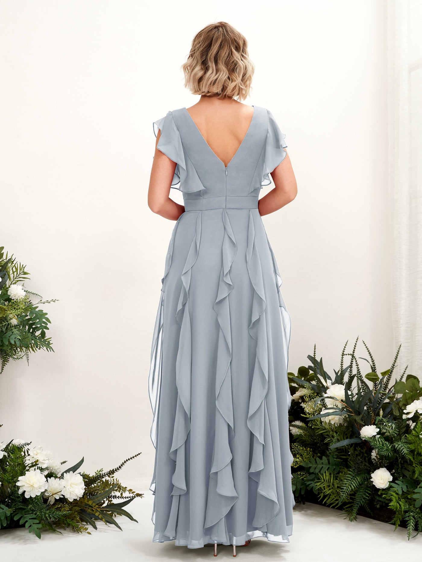 A-line Open back V-neck Short Sleeves Chiffon Bridesmaid Dress - Dusty Blue-Upgrade (81226004)#color_dusty-blue-upgrade