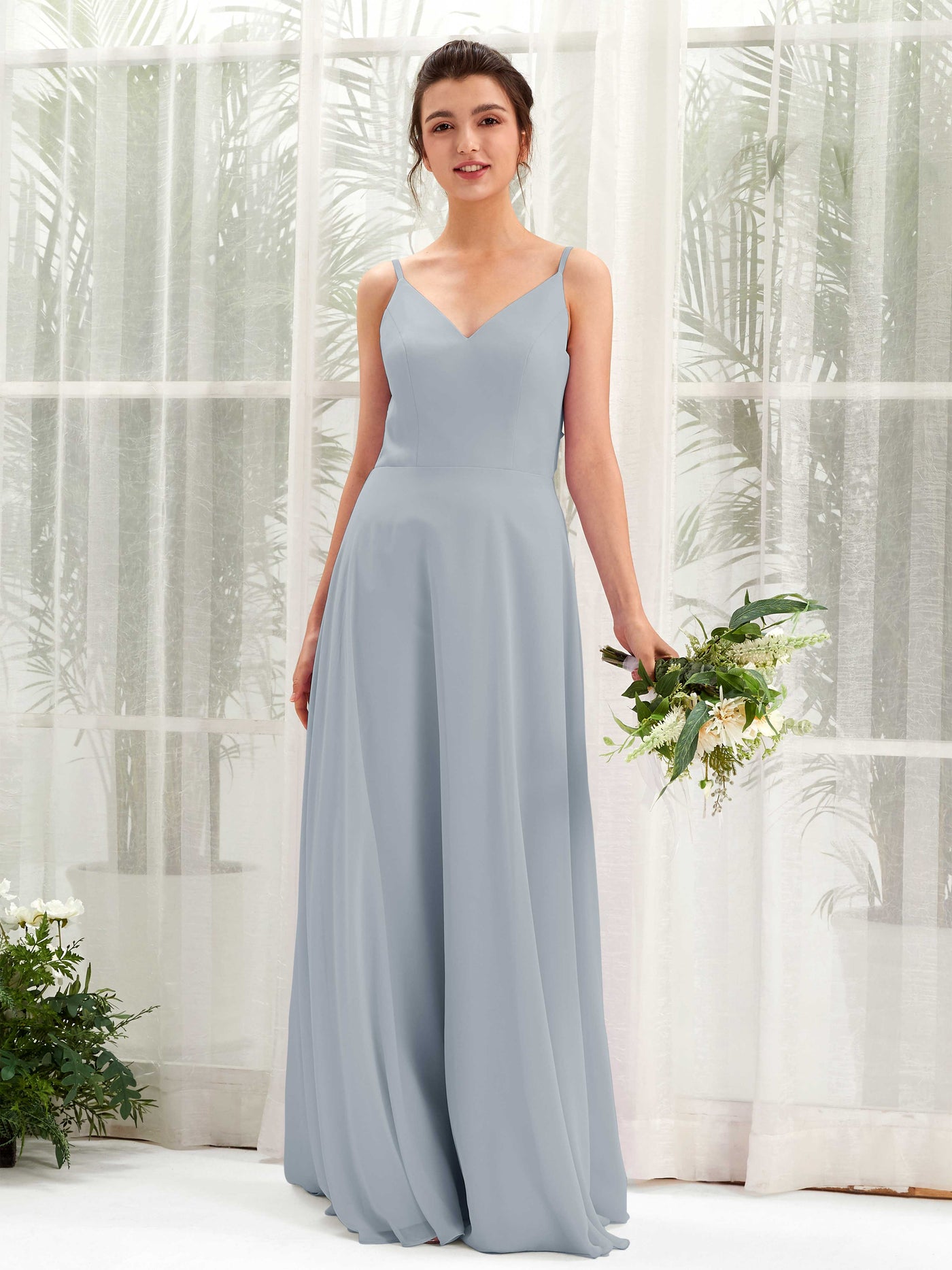 Dusty Blue-Upgrade Bridesmaid Dresses Bridesmaid Dress A-line Chiffon Spaghetti-straps Full Length Sleeveless Wedding Party Dress (81220604)#color_dusty-blue-upgrade