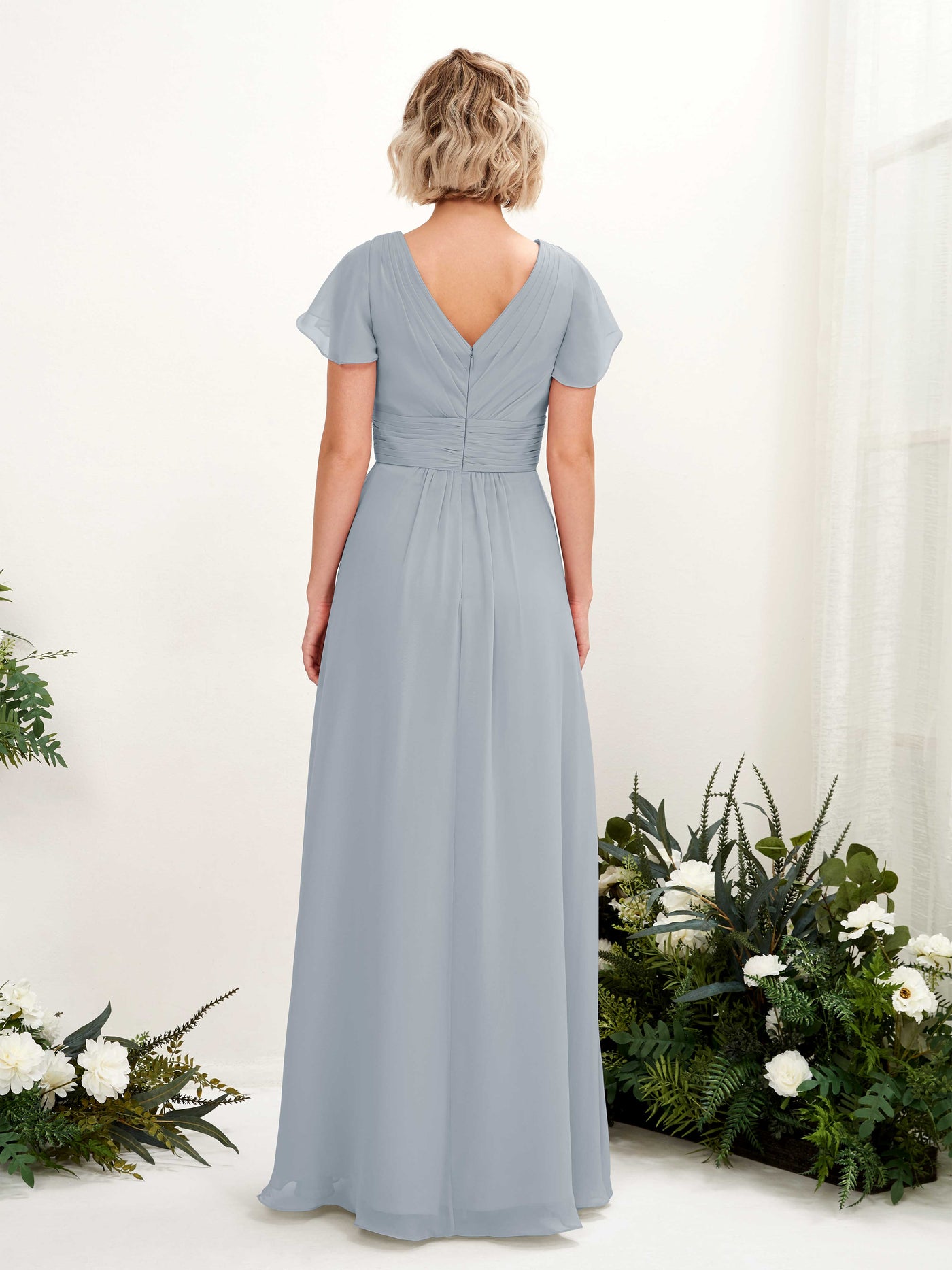 Dusty Blue-Upgrade Bridesmaid Dresses Bridesmaid Dress A-line Chiffon V-neck Full Length Short Sleeves Wedding Party Dress (81224304)#color_dusty-blue-upgrade