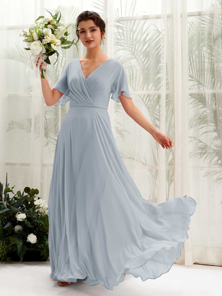 Dusty Blue-Upgrade Bridesmaid Dresses Bridesmaid Dress A-line Chiffon V-neck Full Length Short Sleeves Wedding Party Dress (81224604)