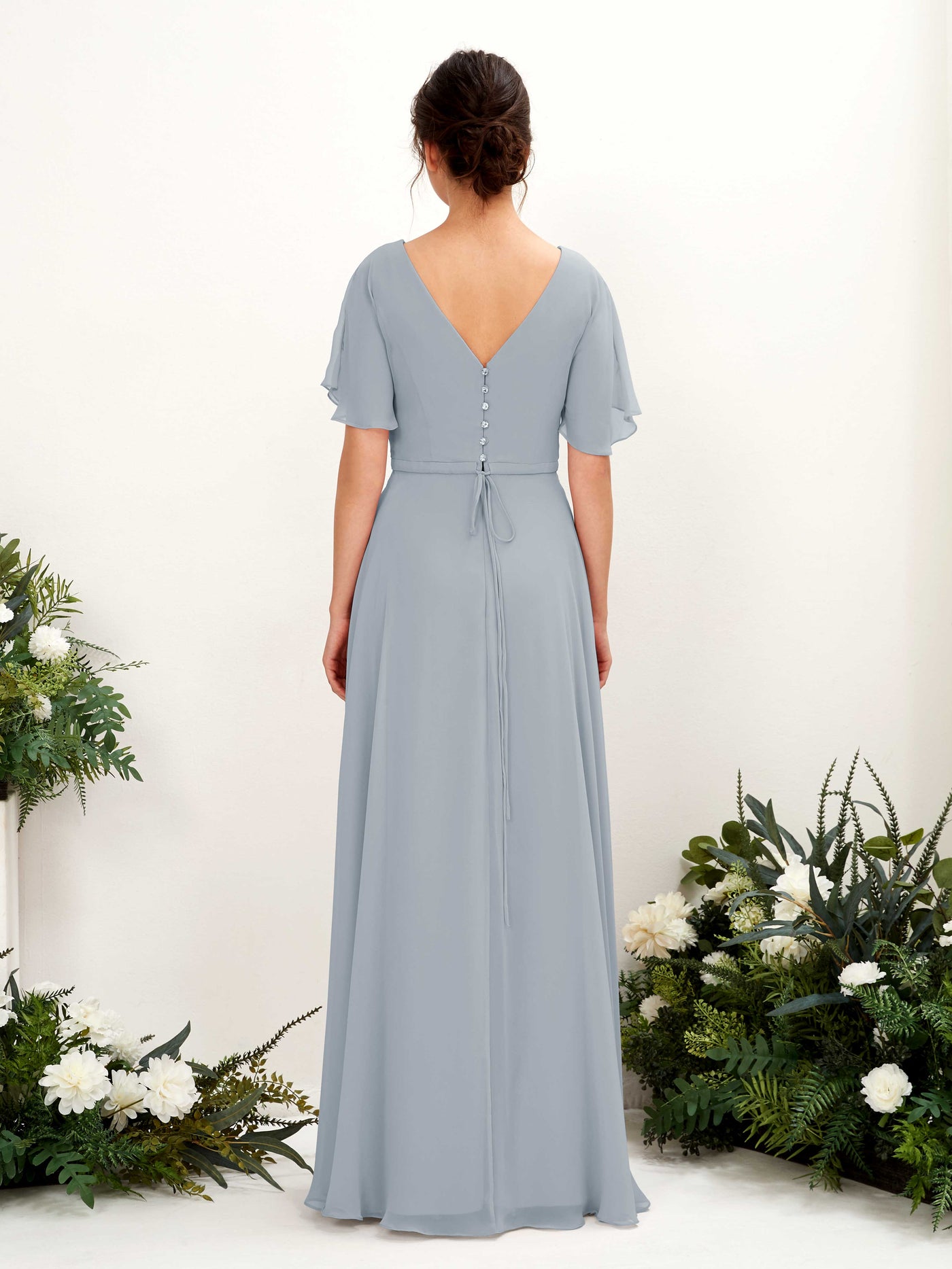 Dusty Blue-Upgrade Bridesmaid Dresses Bridesmaid Dress A-line Chiffon V-neck Full Length Short Sleeves Wedding Party Dress (81224604)#color_dusty-blue-upgrade