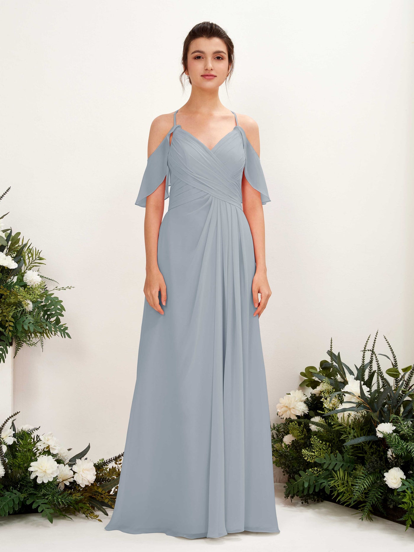 Ball Gown Off Shoulder Spaghetti-straps Chiffon Bridesmaid Dress - Dusty Blue-Upgrade (81221704)#color_dusty-blue-upgrade