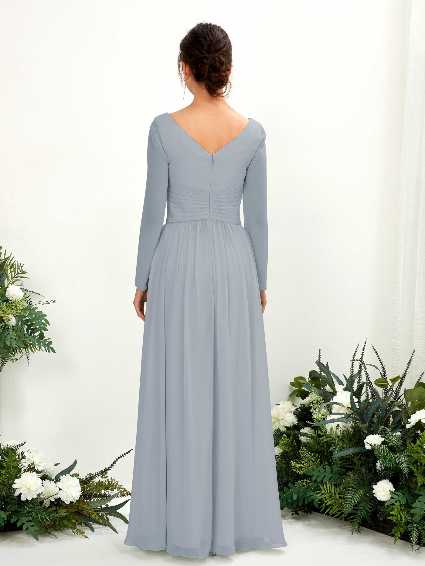 Dusty Blue-Upgrade Bridesmaid Dresses Bridesmaid Dress A-line Chiffon V-neck Full Length Long Sleeves Wedding Party Dress (81220304)#color_dusty-blue-upgrade