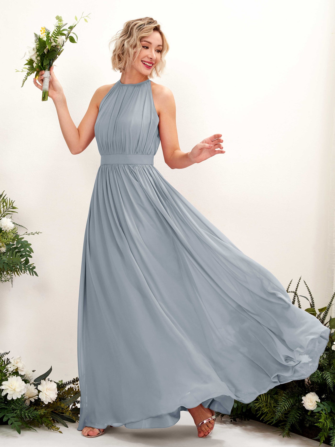 Dusty Blue-Upgrade Bridesmaid Dresses Bridesmaid Dress A-line Chiffon Halter Full Length Sleeveless Wedding Party Dress (81223104)#color_dusty-blue-upgrade