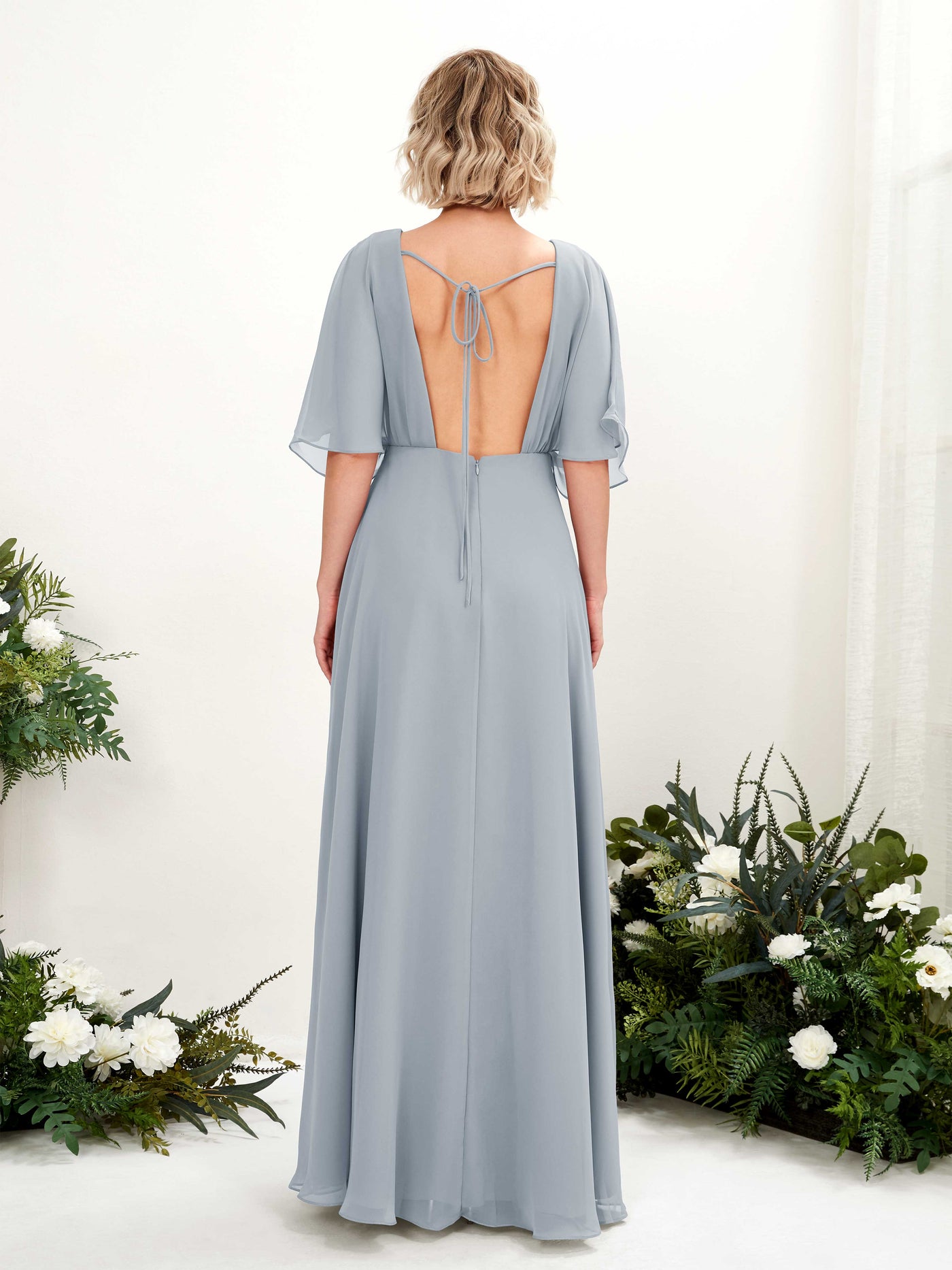 Dusty Blue-Upgrade Bridesmaid Dresses Bridesmaid Dress A-line Chiffon V-neck Full Length Short Sleeves Wedding Party Dress (81225104)#color_dusty-blue-upgrade