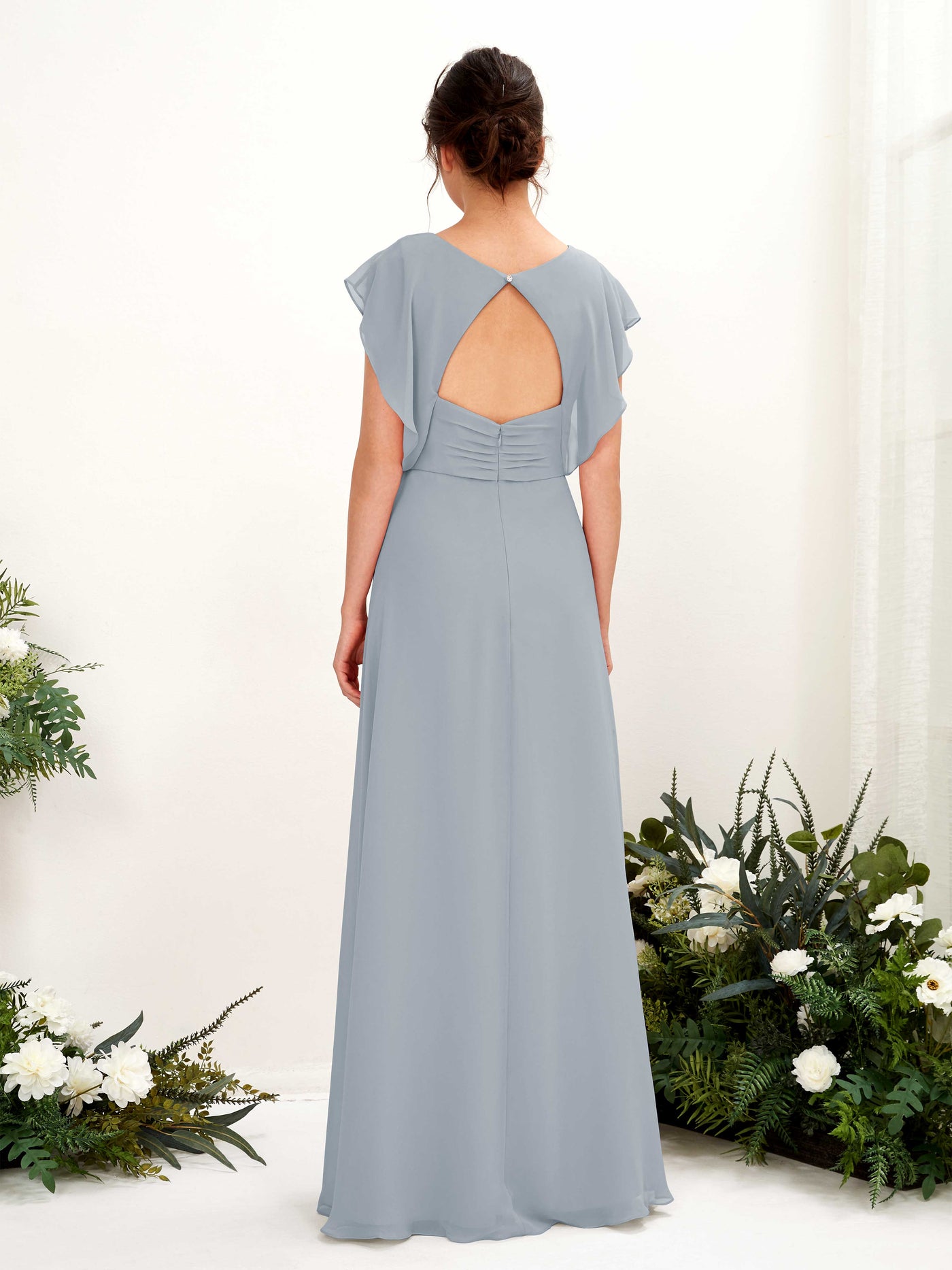 Dusty Blue-Upgrade Bridesmaid Dresses Bridesmaid Dress A-line Chiffon V-neck Full Length Short Sleeves Wedding Party Dress (81225604)#color_dusty-blue-upgrade