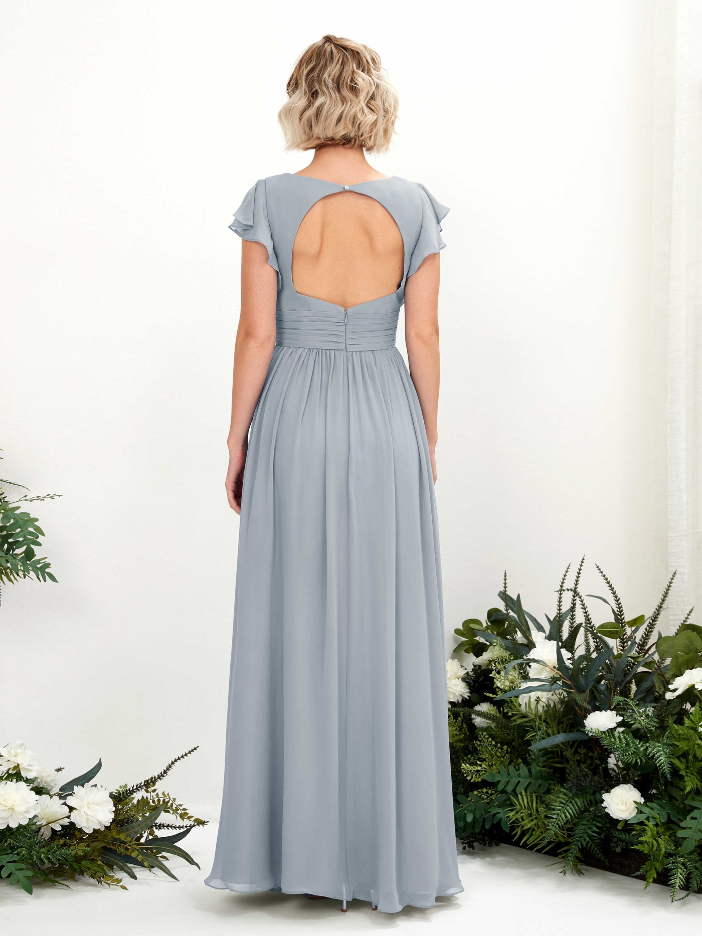 Dusty Blue-Upgrade Bridesmaid Dresses Bridesmaid Dress A-line Chiffon V-neck Full Length Short Sleeves Wedding Party Dress (81222704)#color_dusty-blue-upgrade