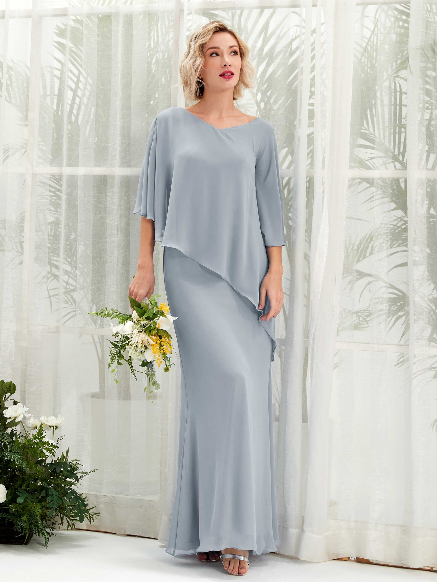Dusty Blue-Upgrade Bridesmaid Dresses Bridesmaid Dress Bohemian Chiffon V-neck Full Length 3/4 Sleeves Wedding Party Dress (81222504)#color_dusty-blue-upgrade