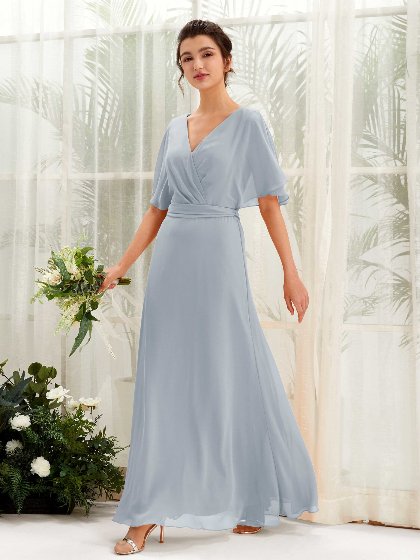 Dusty Blue-Upgrade Bridesmaid Dresses Bridesmaid Dress A-line Chiffon V-neck Full Length Short Sleeves Wedding Party Dress (81222404)#color_dusty-blue-upgrade