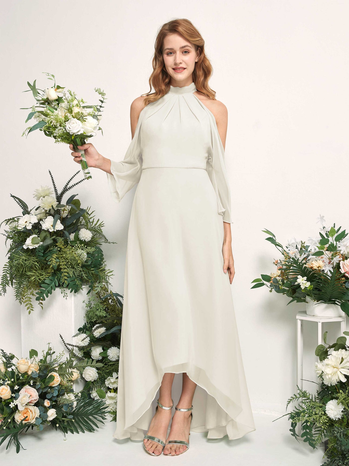 Bridesmaid Dress A-line Chiffon Halter High Low 3/4 Sleeves Wedding Party Dress - Ivory (81227626)#color_ivory