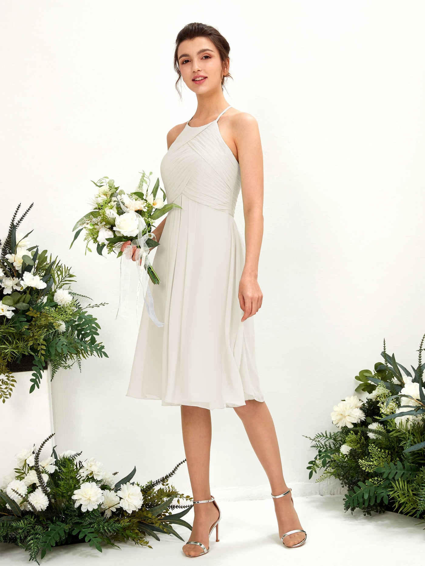 Ivory Bridesmaid Dresses Bridesmaid Dress A-line Chiffon Halter Knee Length Sleeveless Wedding Party Dress (81220426)#color_ivory
