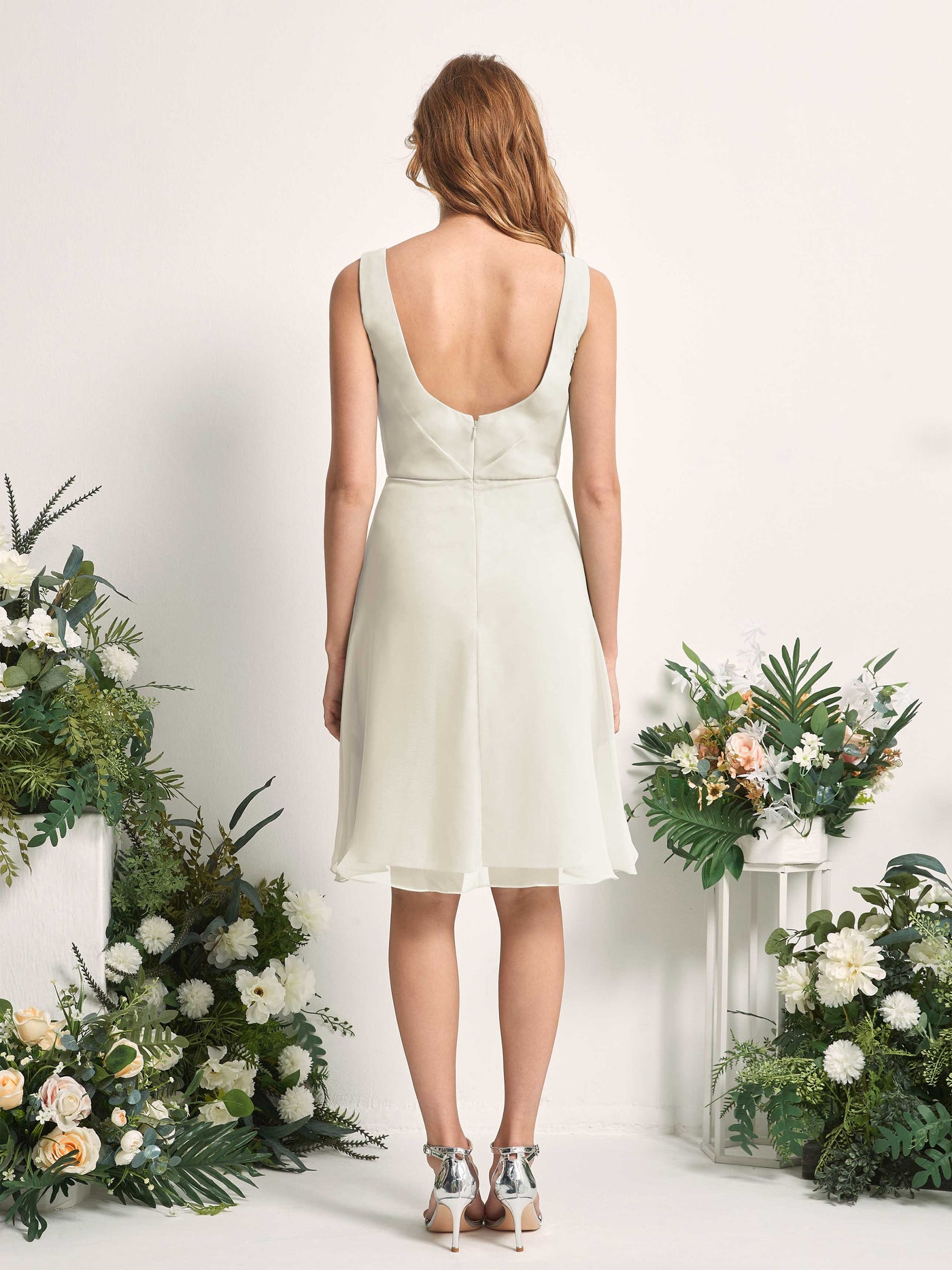 Bridesmaid Dress A-line Chiffon Straps Knee Length Sleeveless Wedding Party Dress - Ivory (81226626)#color_ivory