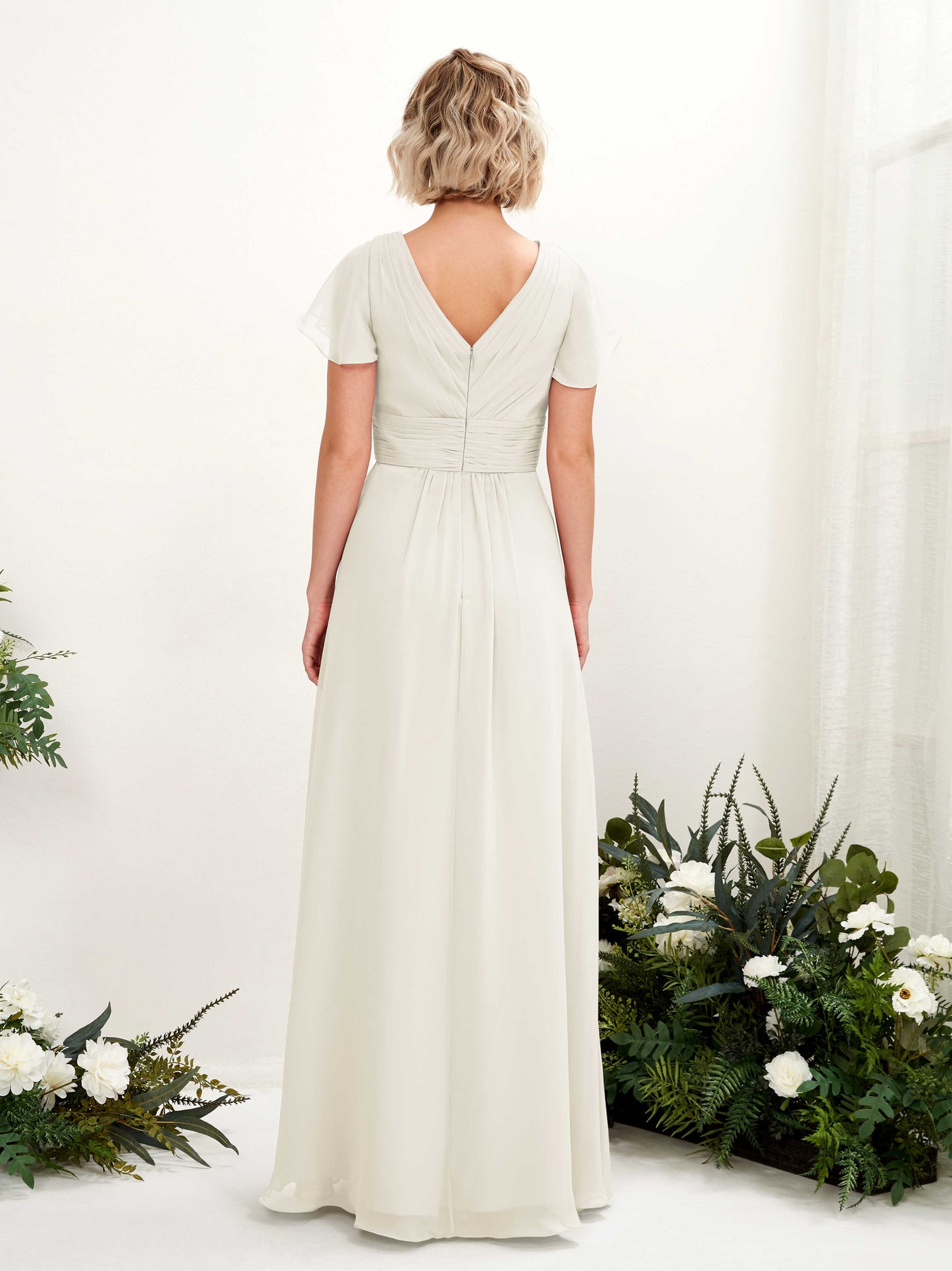 Ivory Bridesmaid Dresses Bridesmaid Dress A-line Chiffon V-neck Full Length Short Sleeves Wedding Party Dress (81224326)#color_ivory